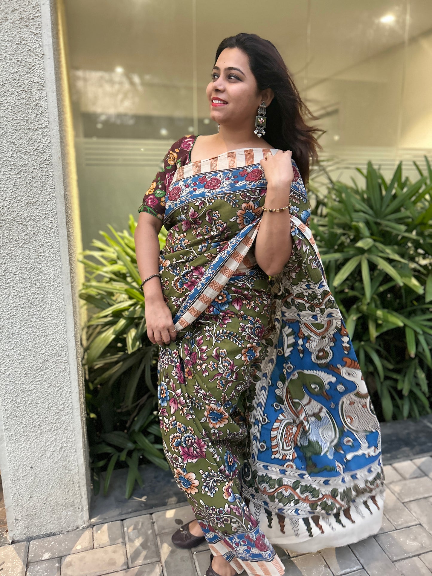 Hand-block printed cotton Kalamkari Saree