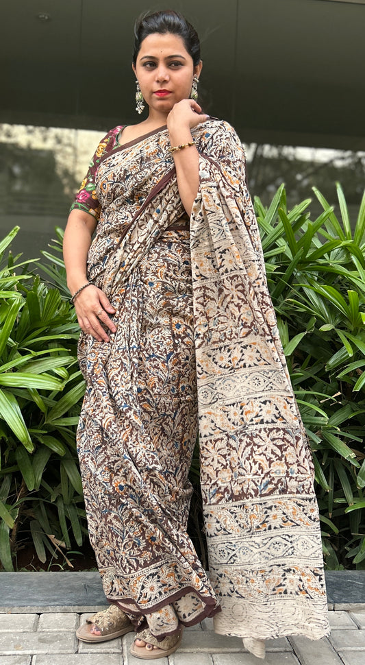 Hand-block printed cotton Kalamkari Saree