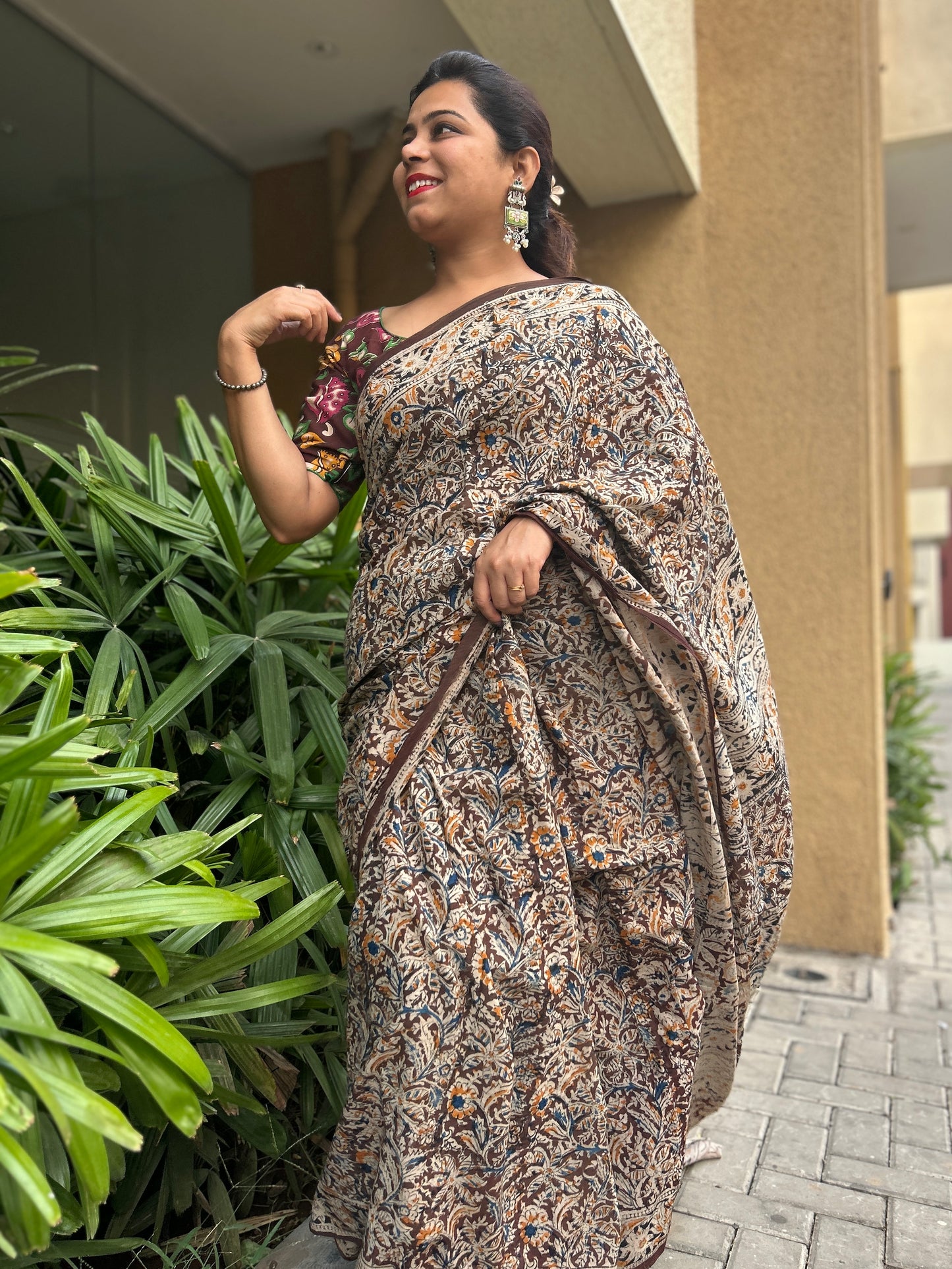 Hand-block printed cotton Kalamkari Saree
