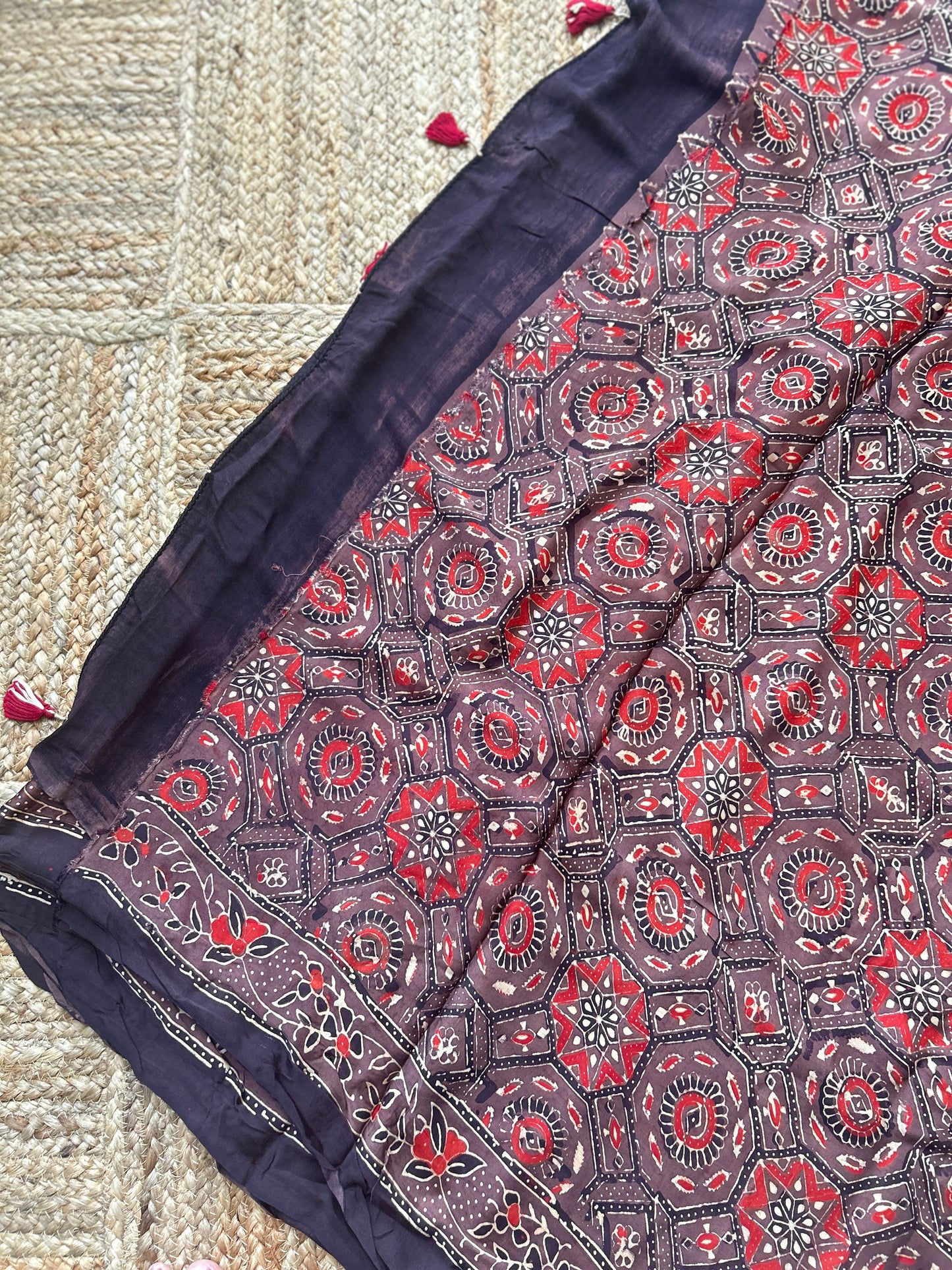 Handblock Print Ajrakh Modal Silk Saree