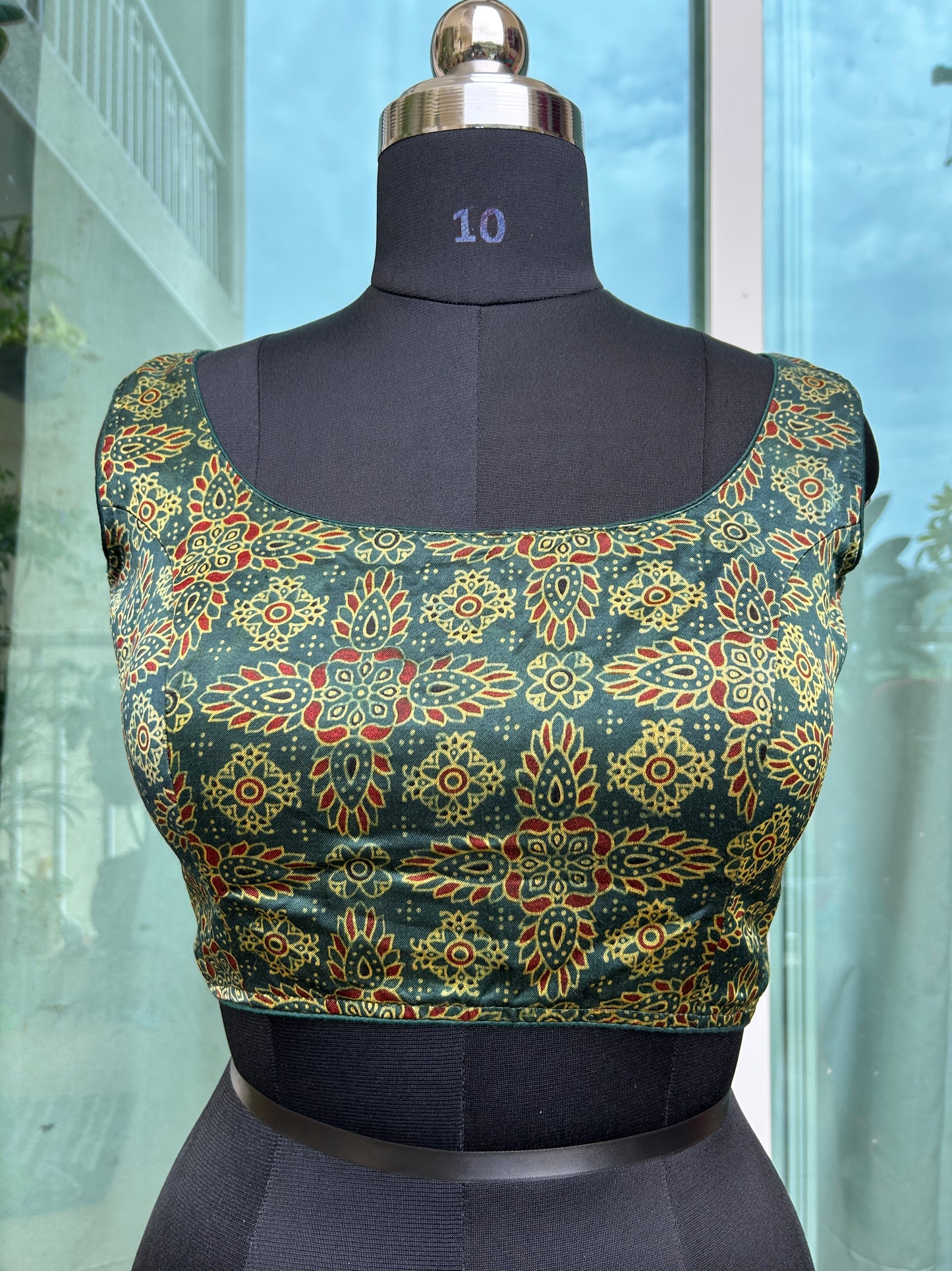 Mashru silk ajrakh print sleeveless blouse