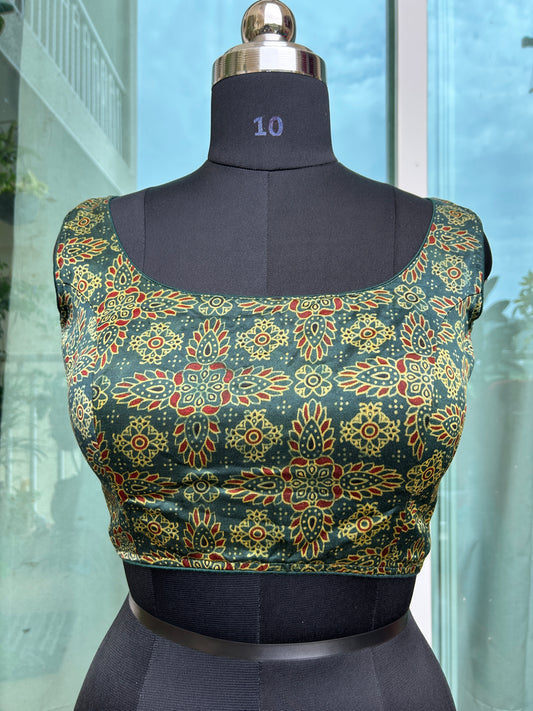 Mashru silk ajrakh print sleeveless blouse