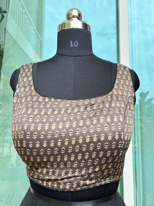 Mashru silk ajrakh print sleeveless blouse