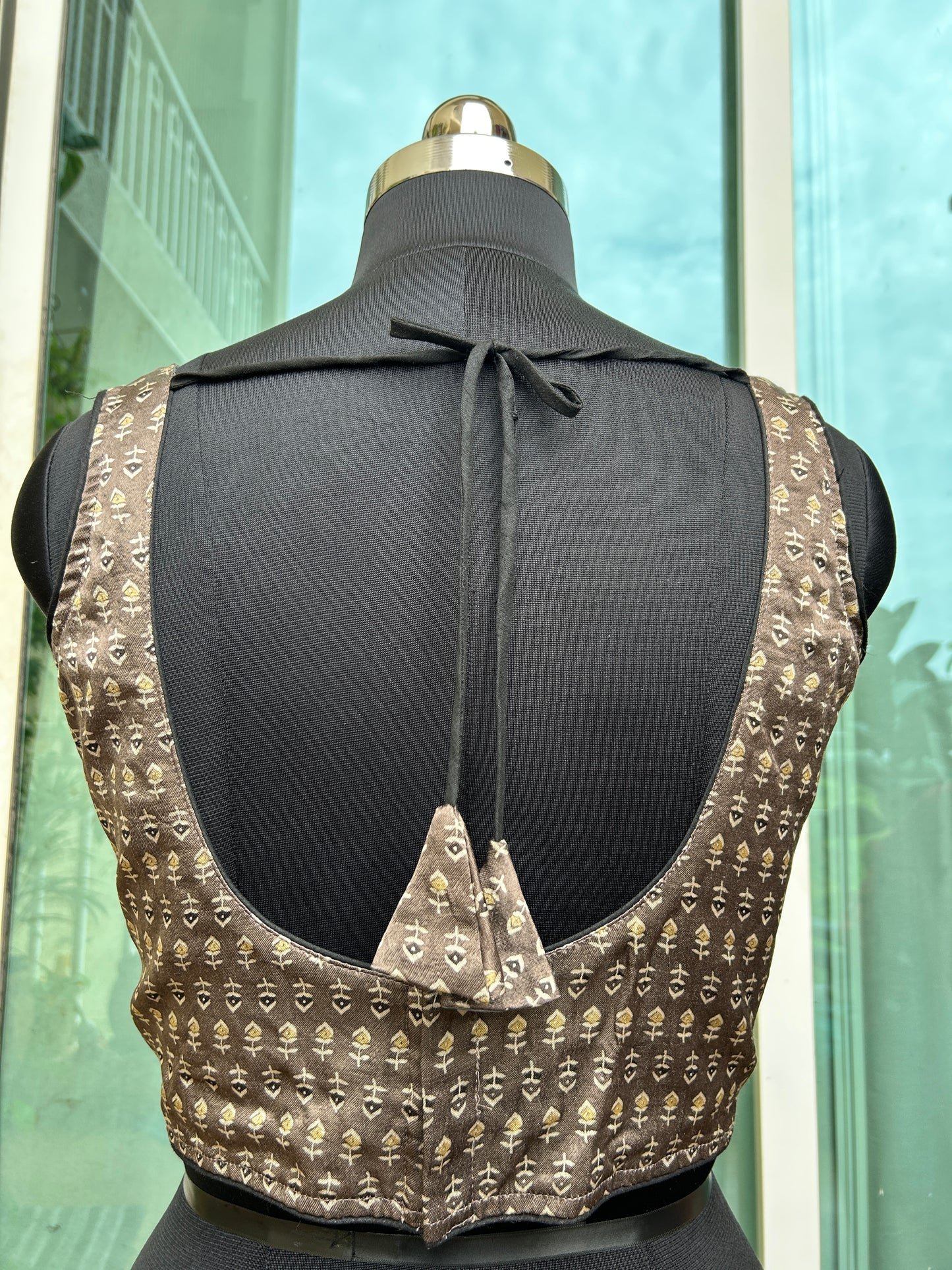 Mashru silk ajrakh print sleeveless blouse