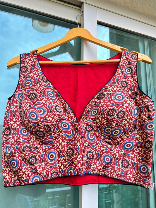 Mashru silk ajrakh print sleeveless blouse