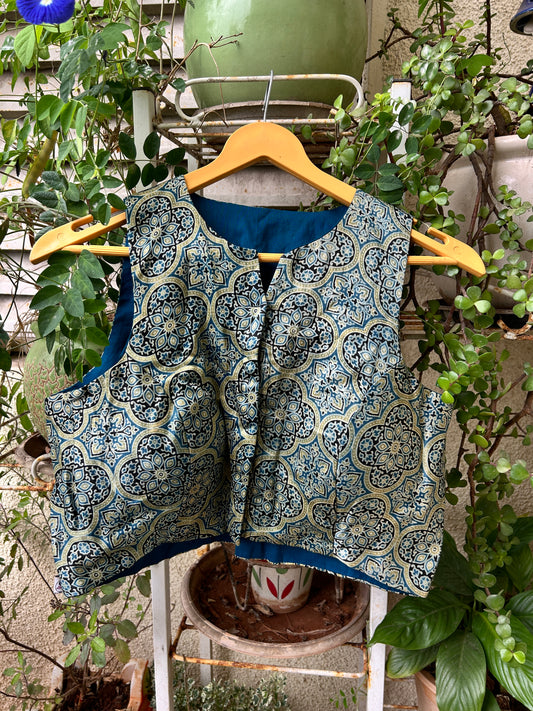 Mashru silk ajrakh print sleeveless blouse