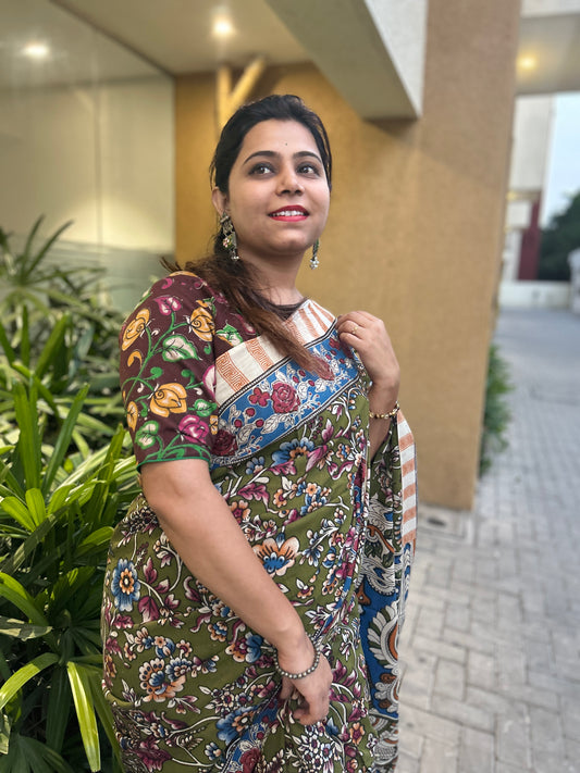 Hand-block printed cotton Kalamkari Saree