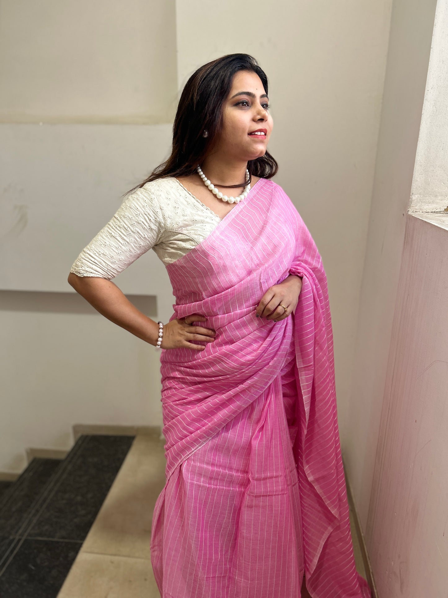 Silver Jari stripped Mulmul cotton saree