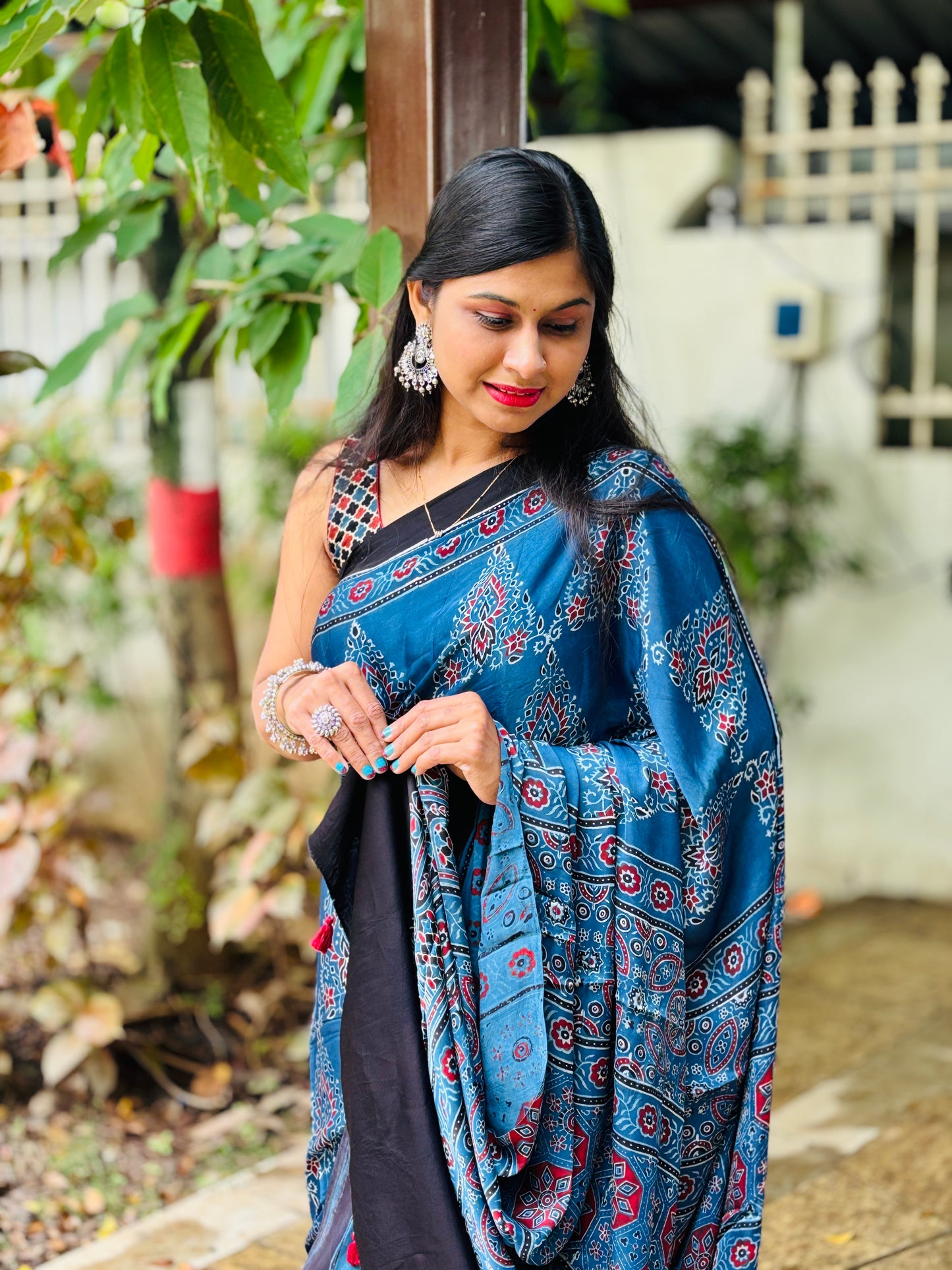 Handblock Print Ajrakh Modal Silk Saree