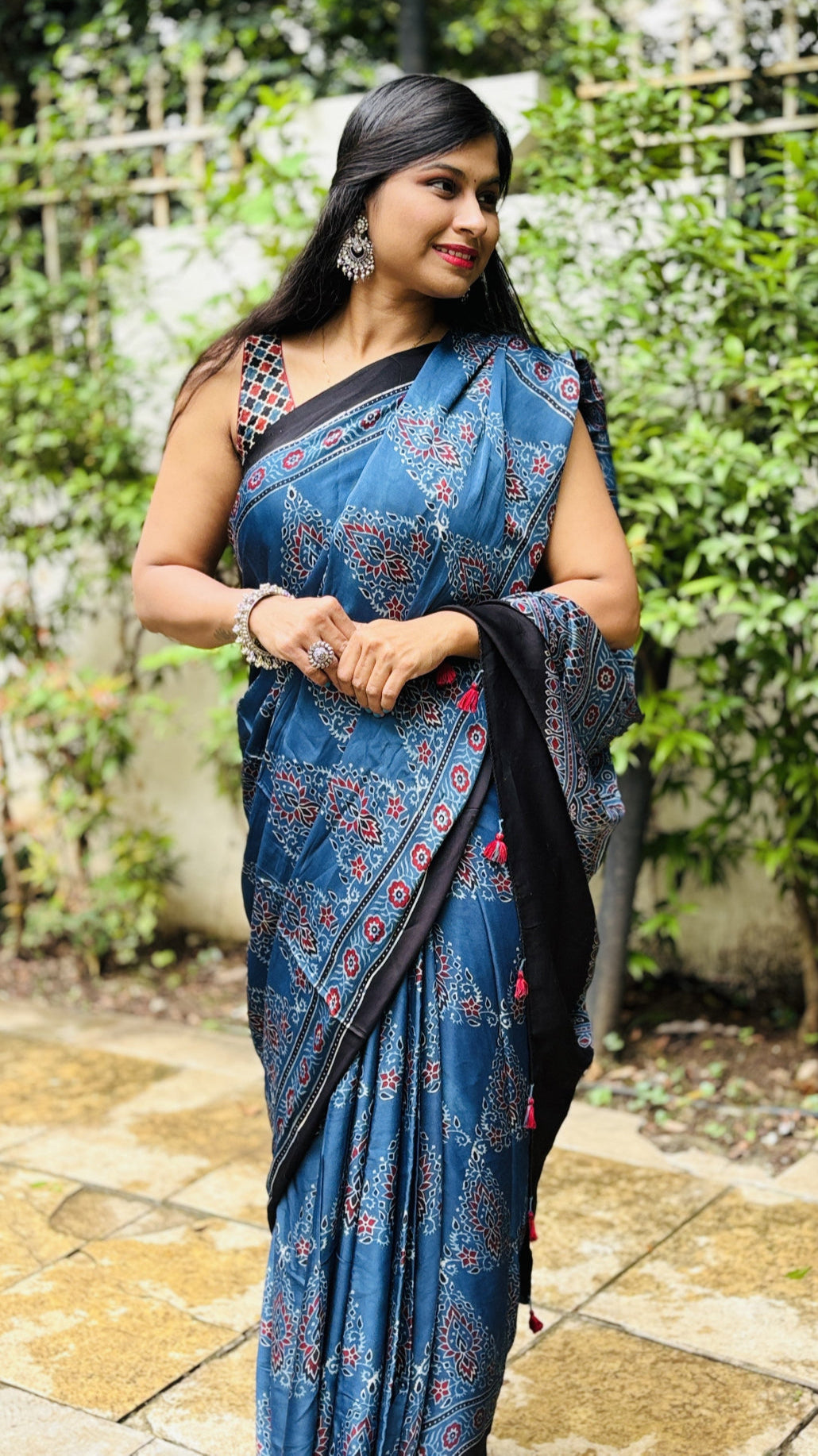 Handblock Print Ajrakh Modal Silk Saree