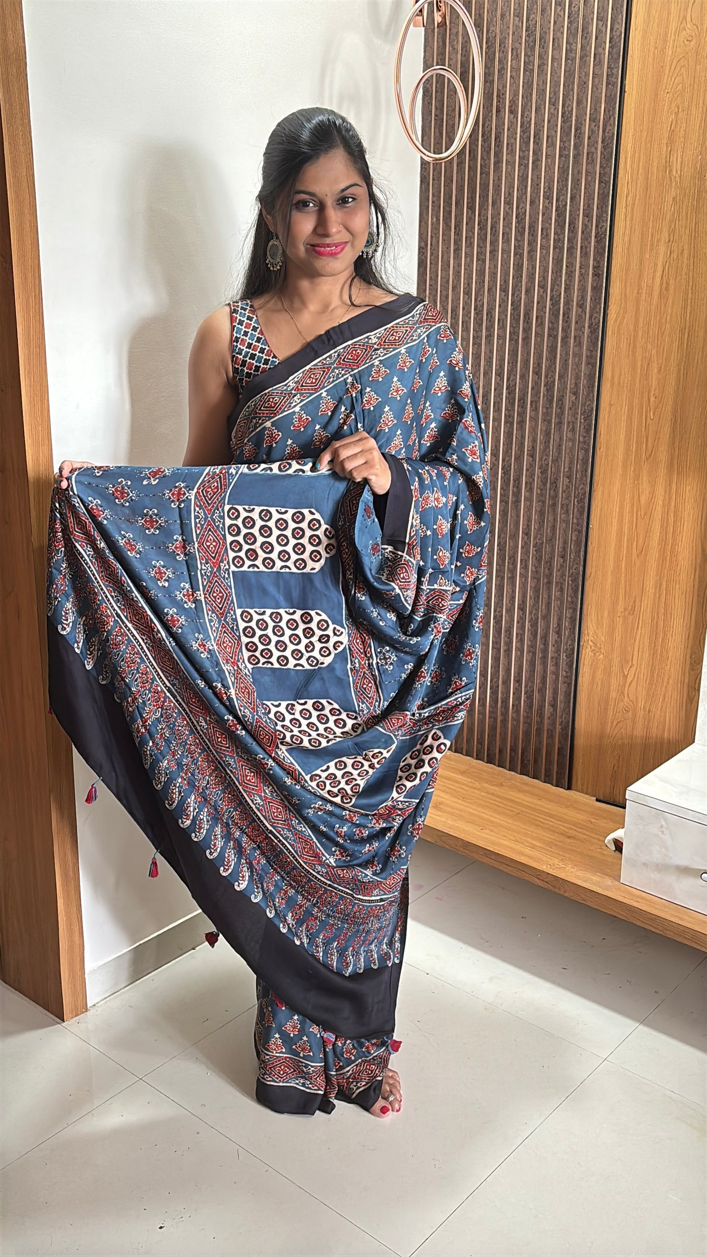 Handblock Print Ajrakh Modal Silk Saree