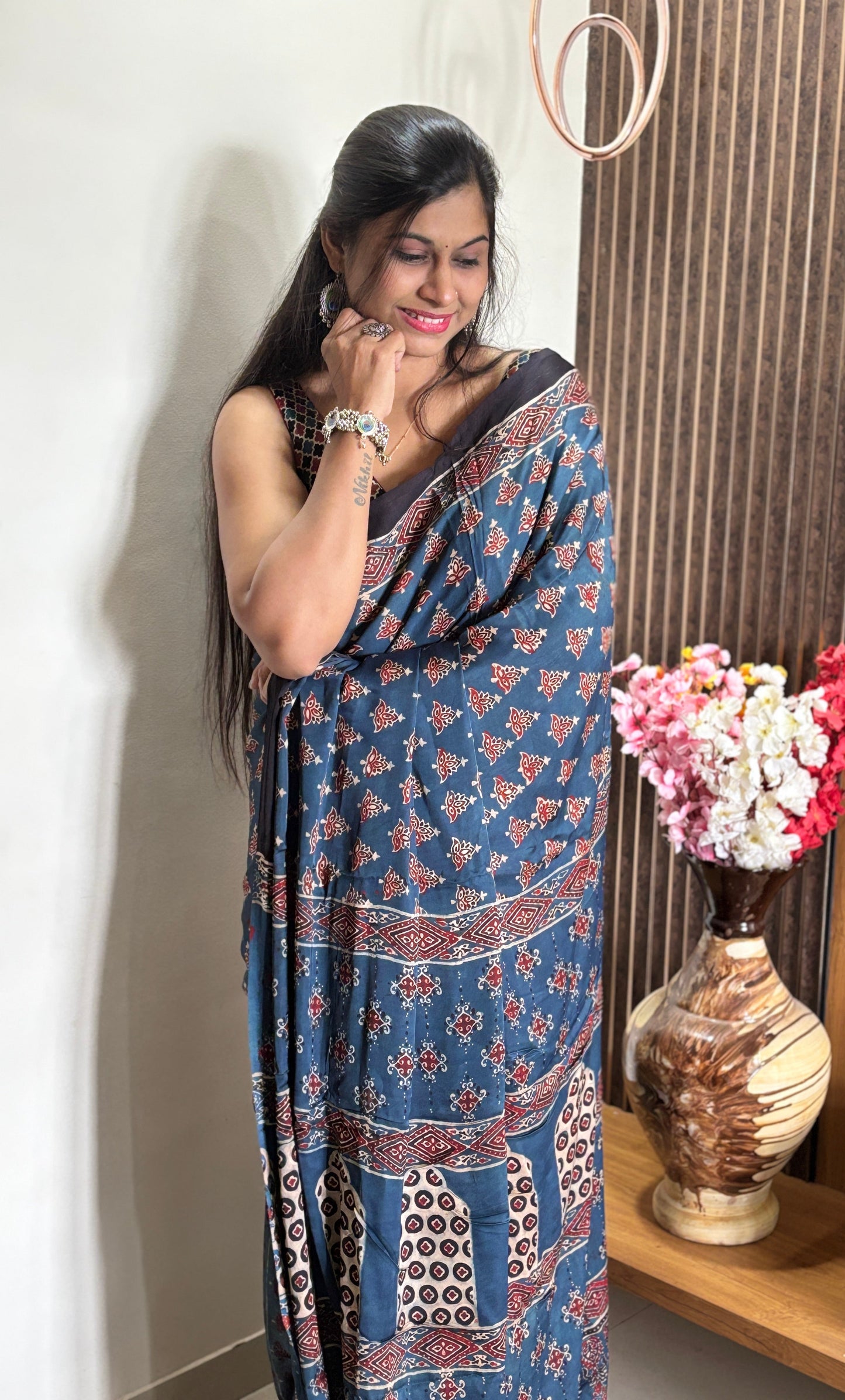 Handblock Print Ajrakh Modal Silk Saree