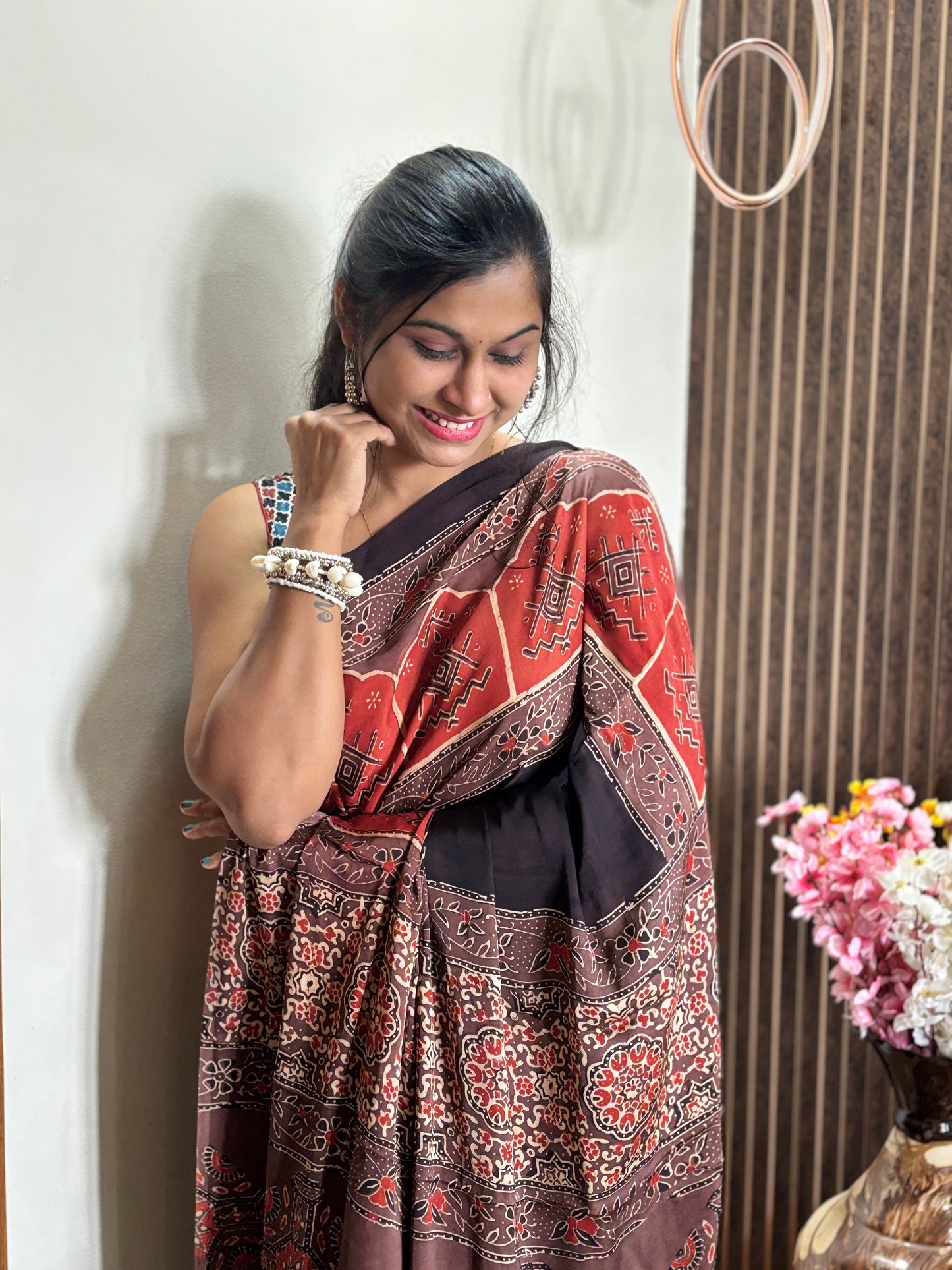Handblock Print Ajrakh Modal Silk Saree