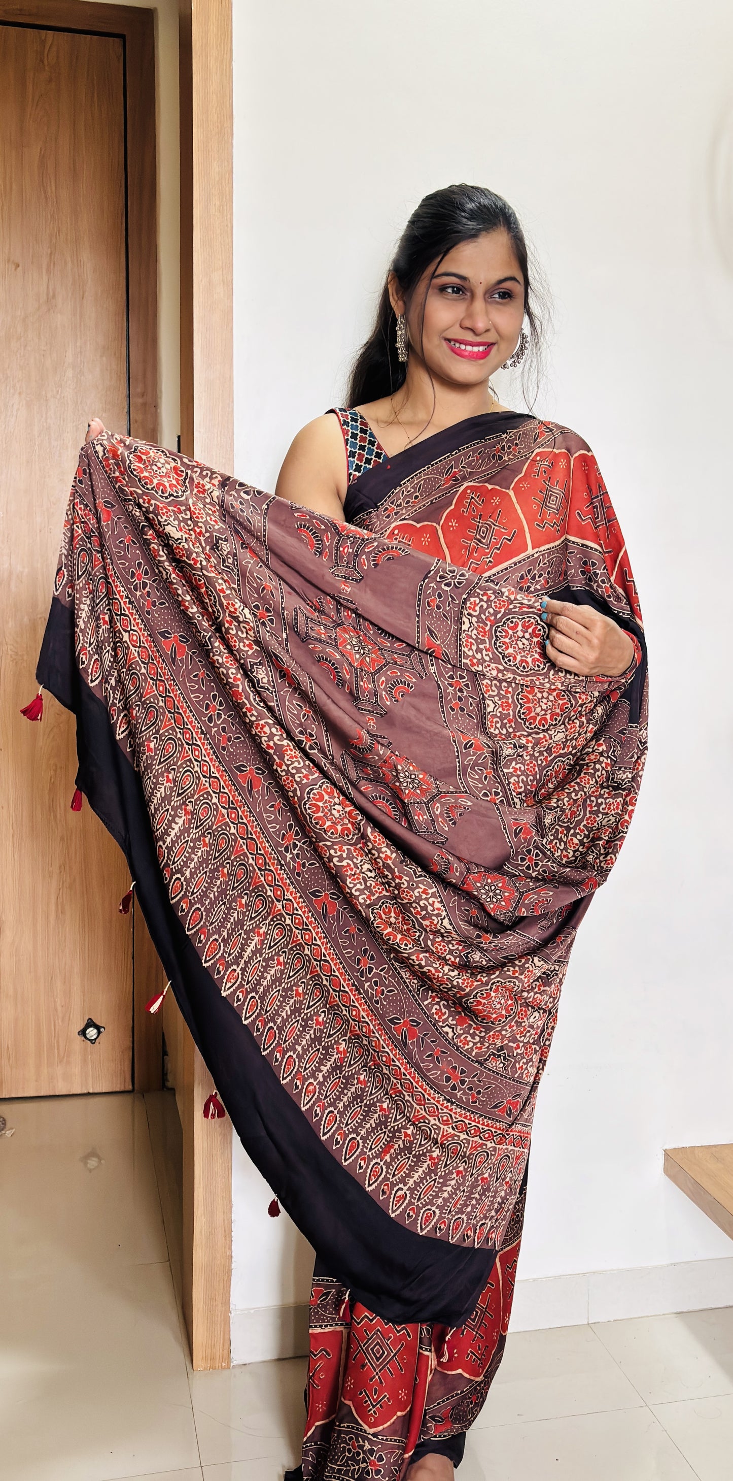 Handblock Print Ajrakh Modal Silk Saree