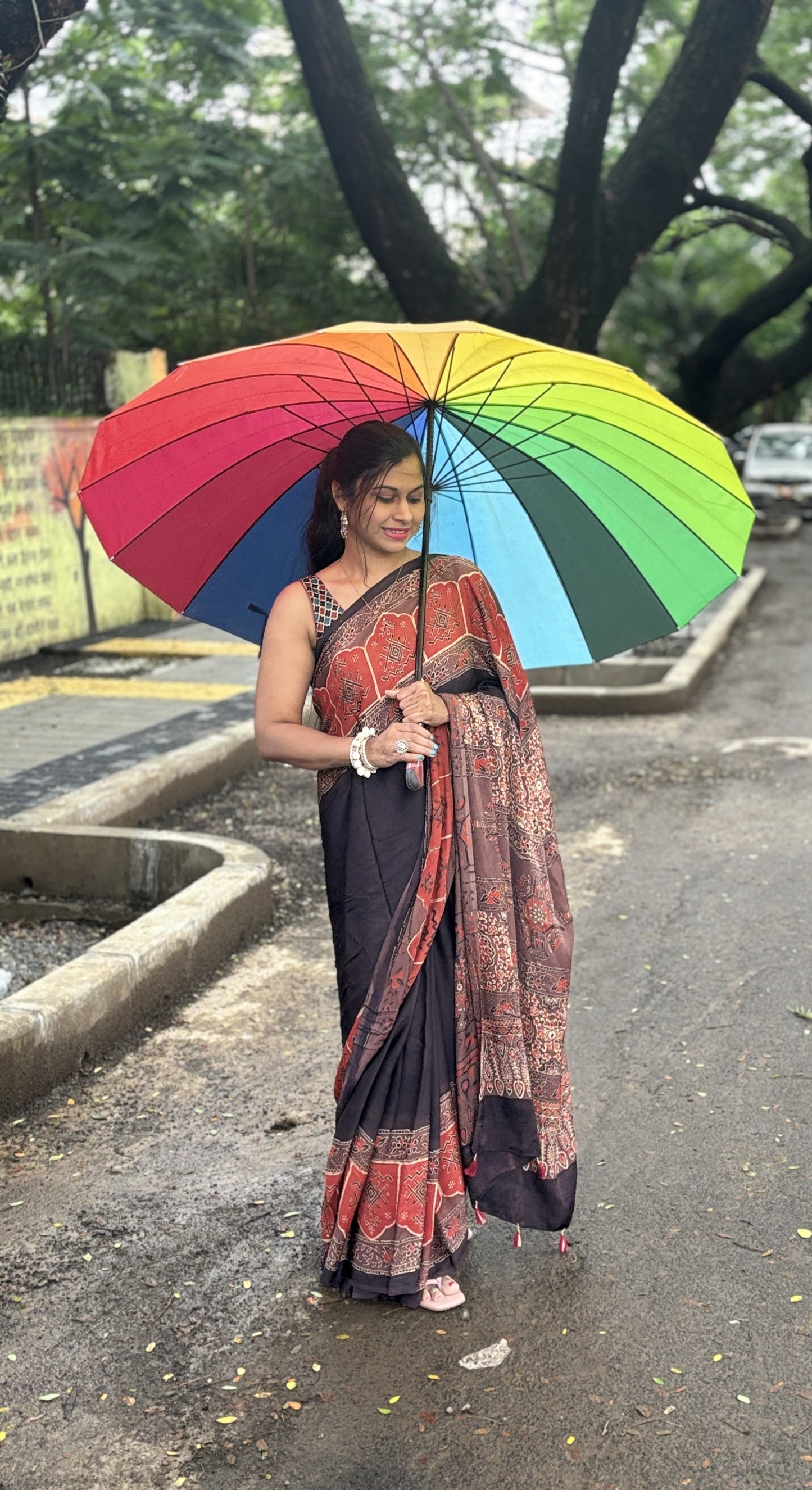 Handblock Print Ajrakh Modal Silk Saree