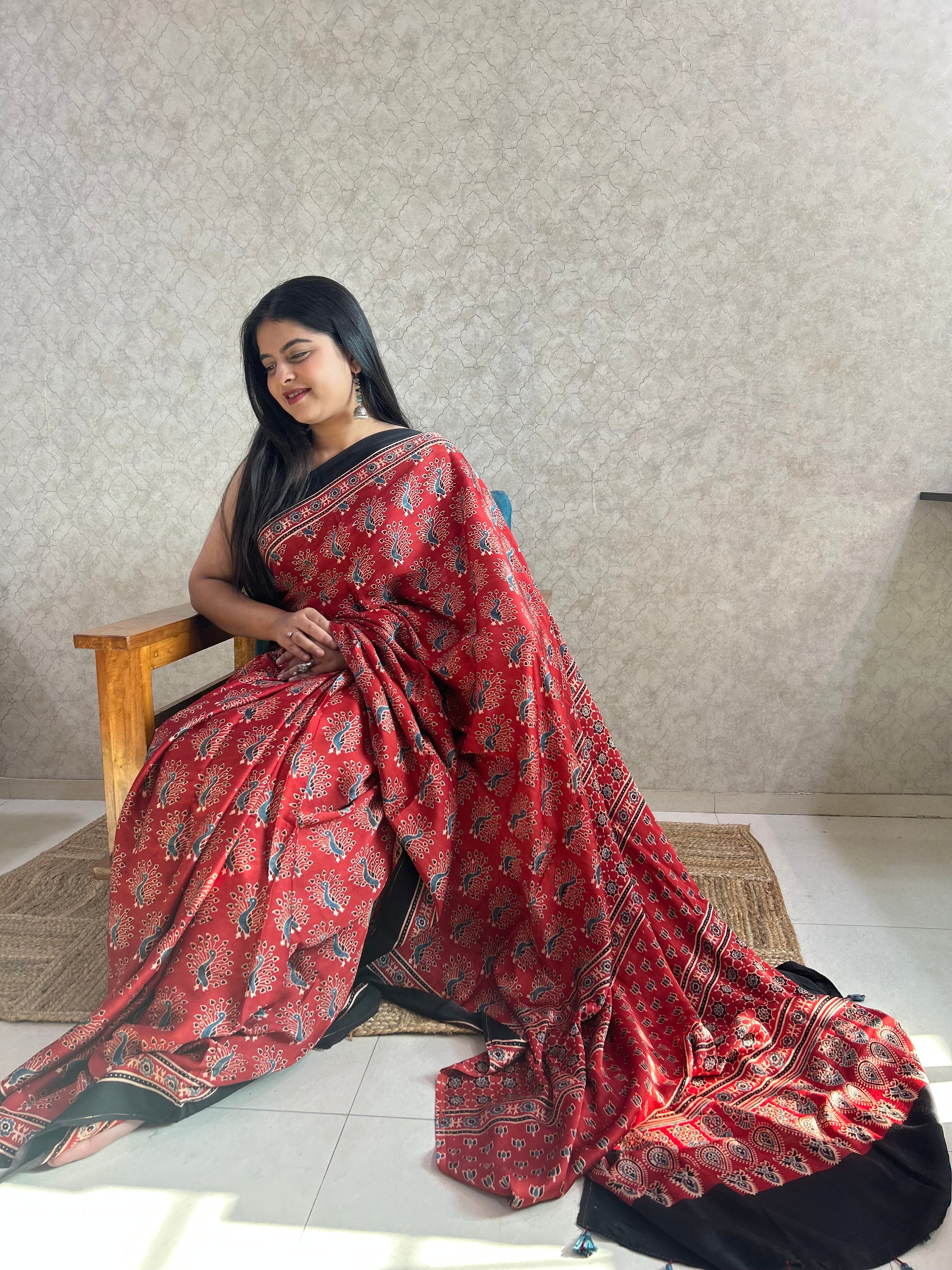 Red Peacock Ajrakh Hand Block Printed Modal Silk Saree