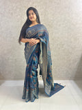 Indigo Blue Pichwai Hand Block Printed Pure Dola Silk Saree
