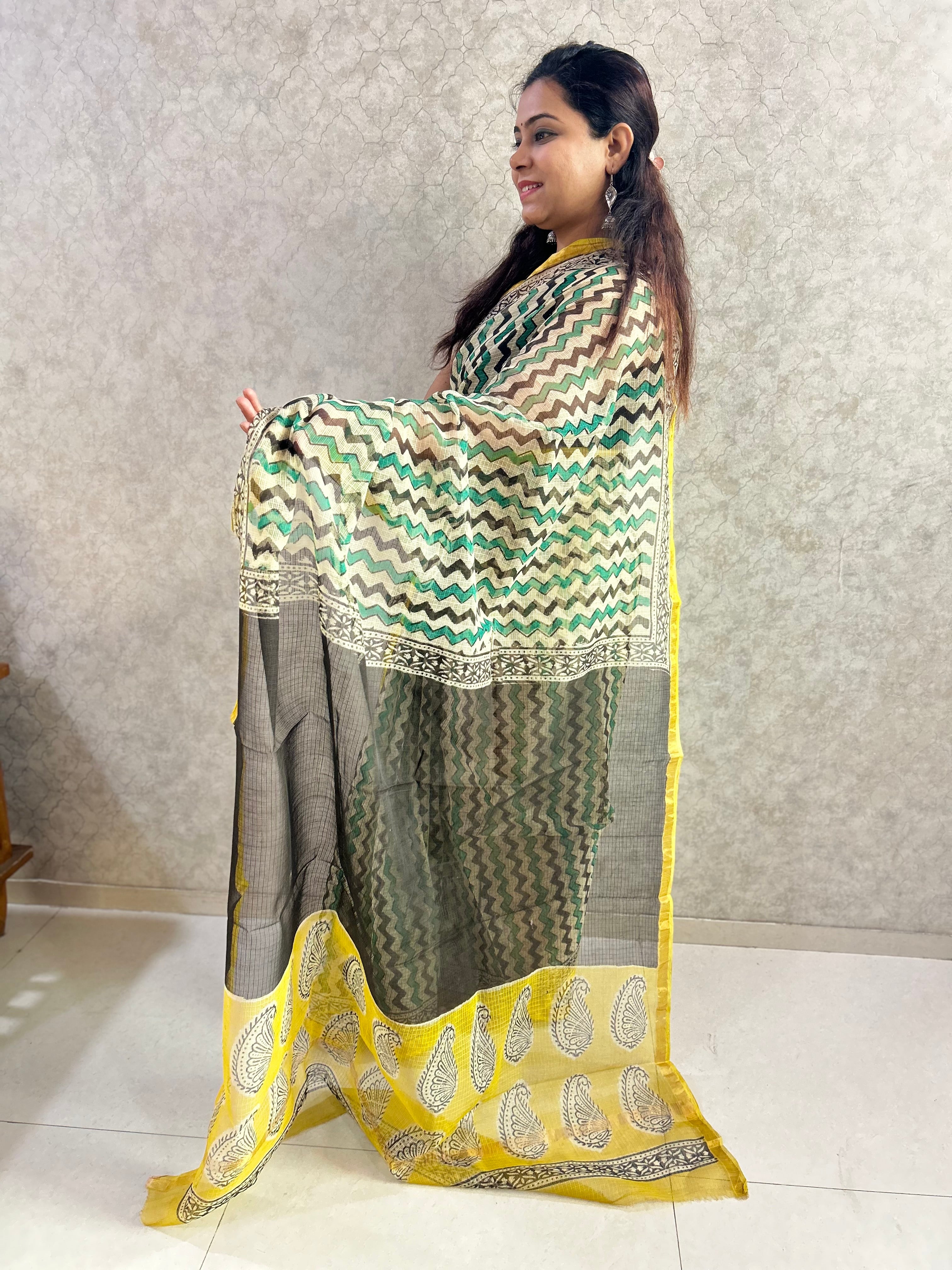 Green-Black Stripes Print Kota Doria Saree
