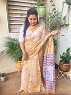 Yellow Sanganeri Print Kota Doria Saree