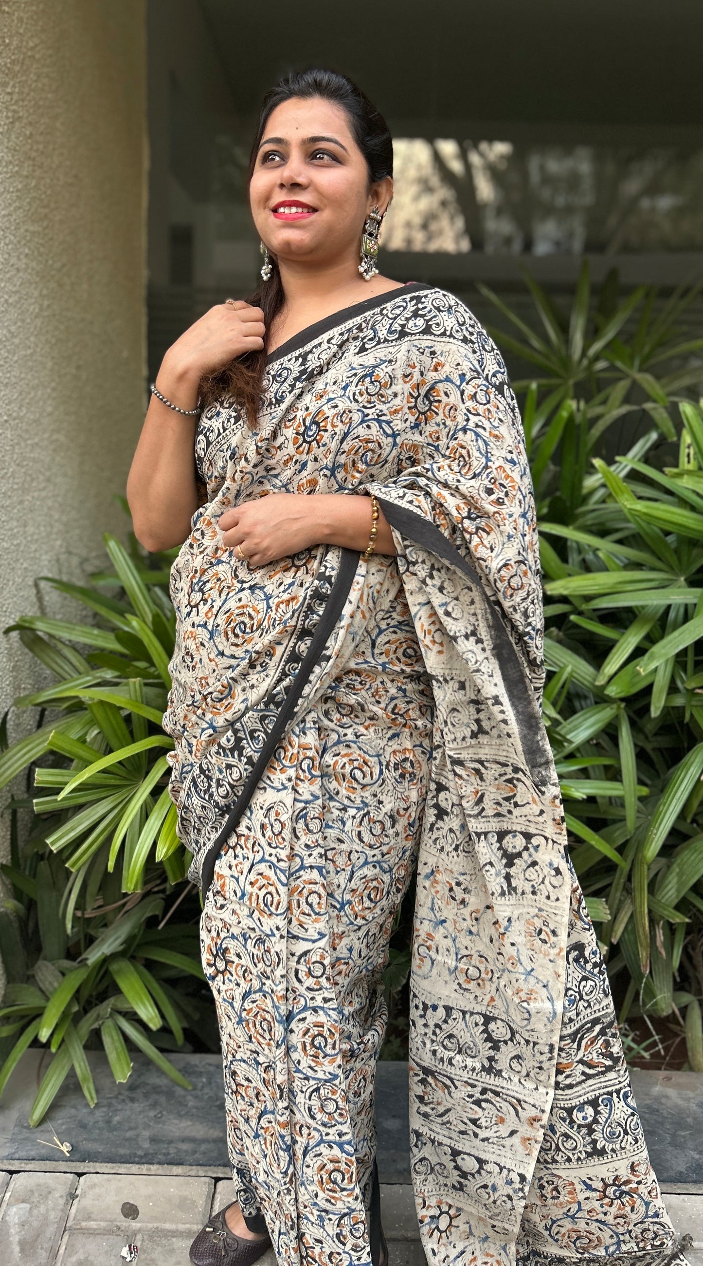 Hand-block printed cotton Kalamkari Saree
