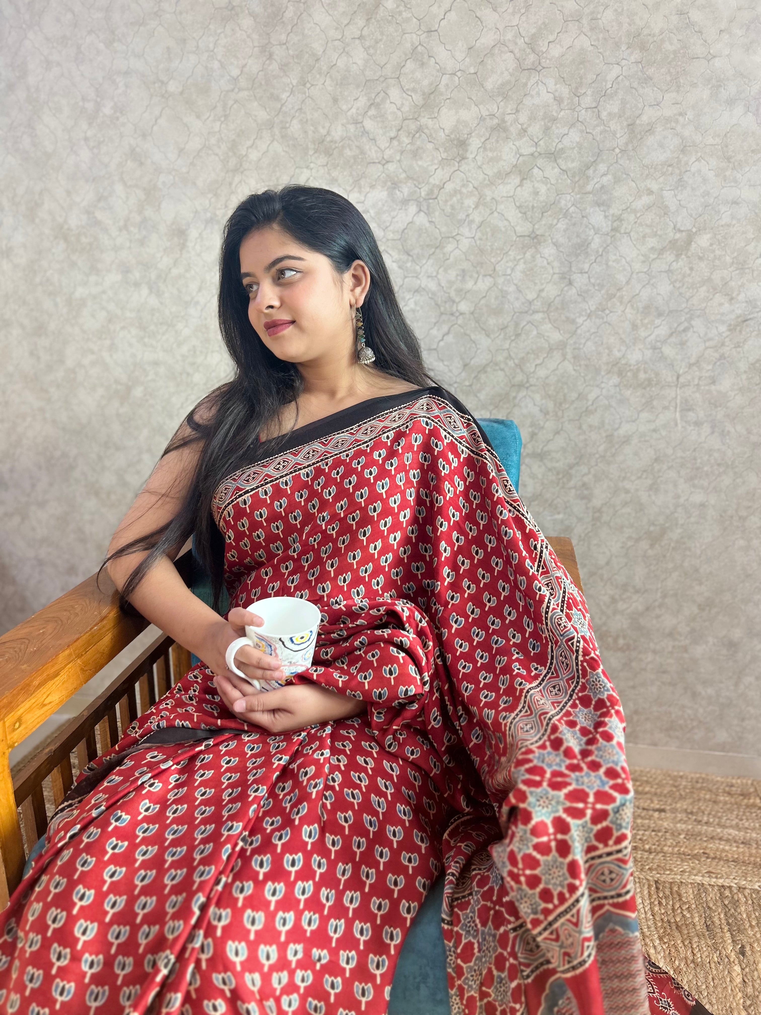 Red Lotus Ajrakh Hand Block Printed Modal Silk Saree