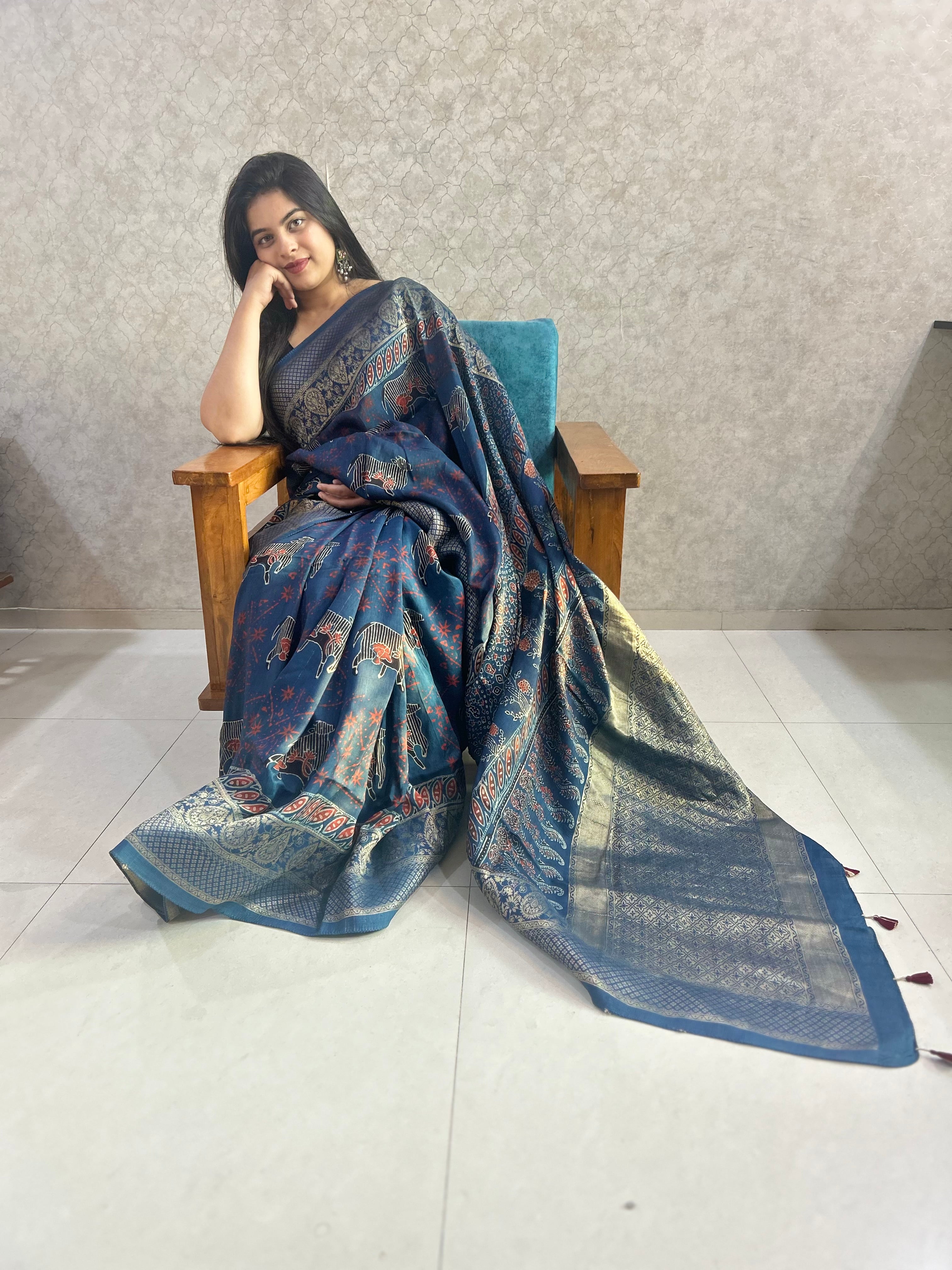 Indigo Blue Pichwai Hand Block Printed Pure Dola Silk Saree