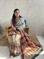 Beige Bagru & Stripes Print Kota Doria Saree