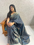 Indigo Blue Ajrakh Hand Block Printed Pure Dola Silk Saree