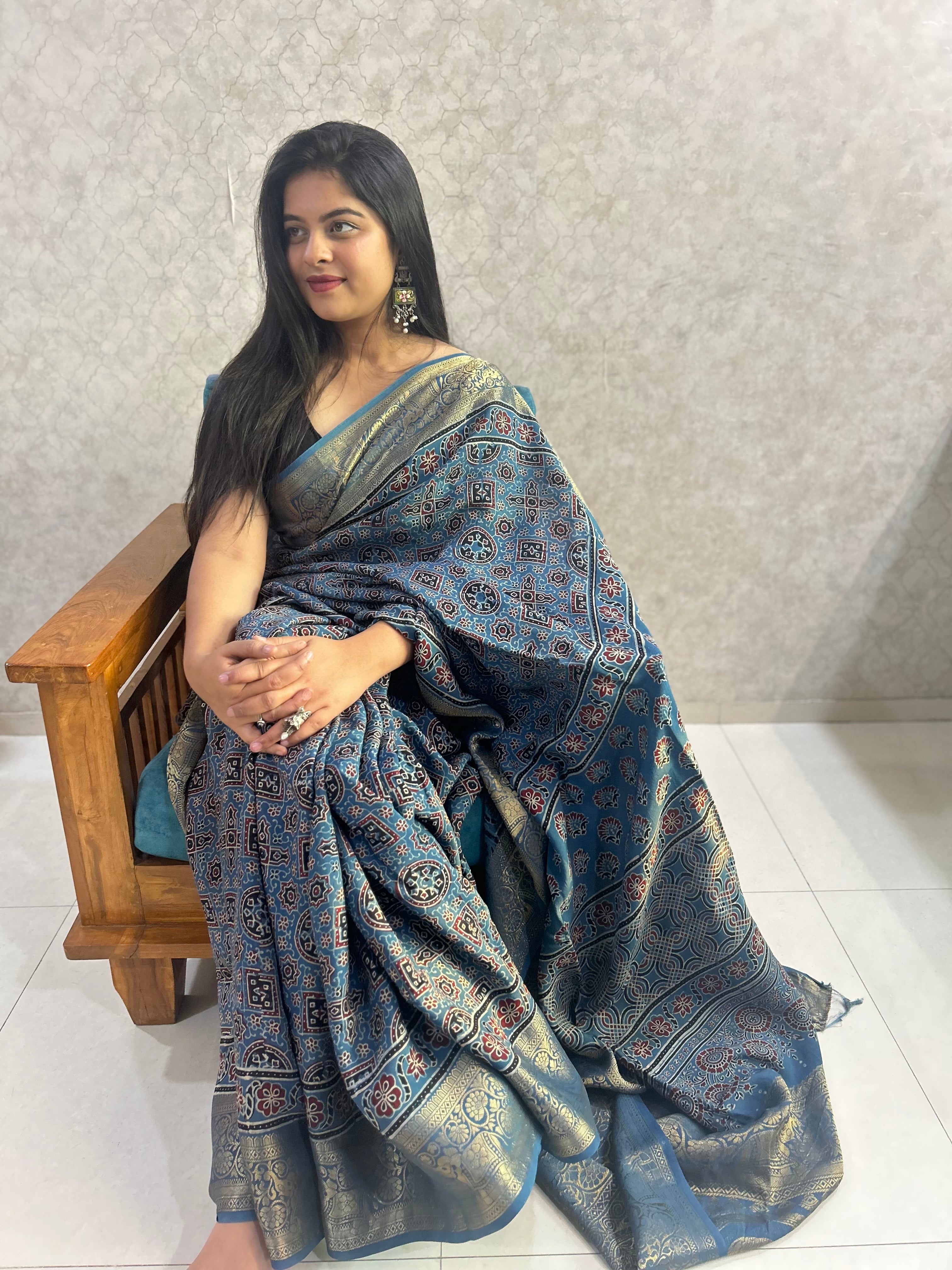 Indigo Blue Ajrakh Hand Block Printed Pure Dola Silk Saree
