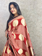 Red stripes Ajrakh Hand Block Printed Modal Silk Saree