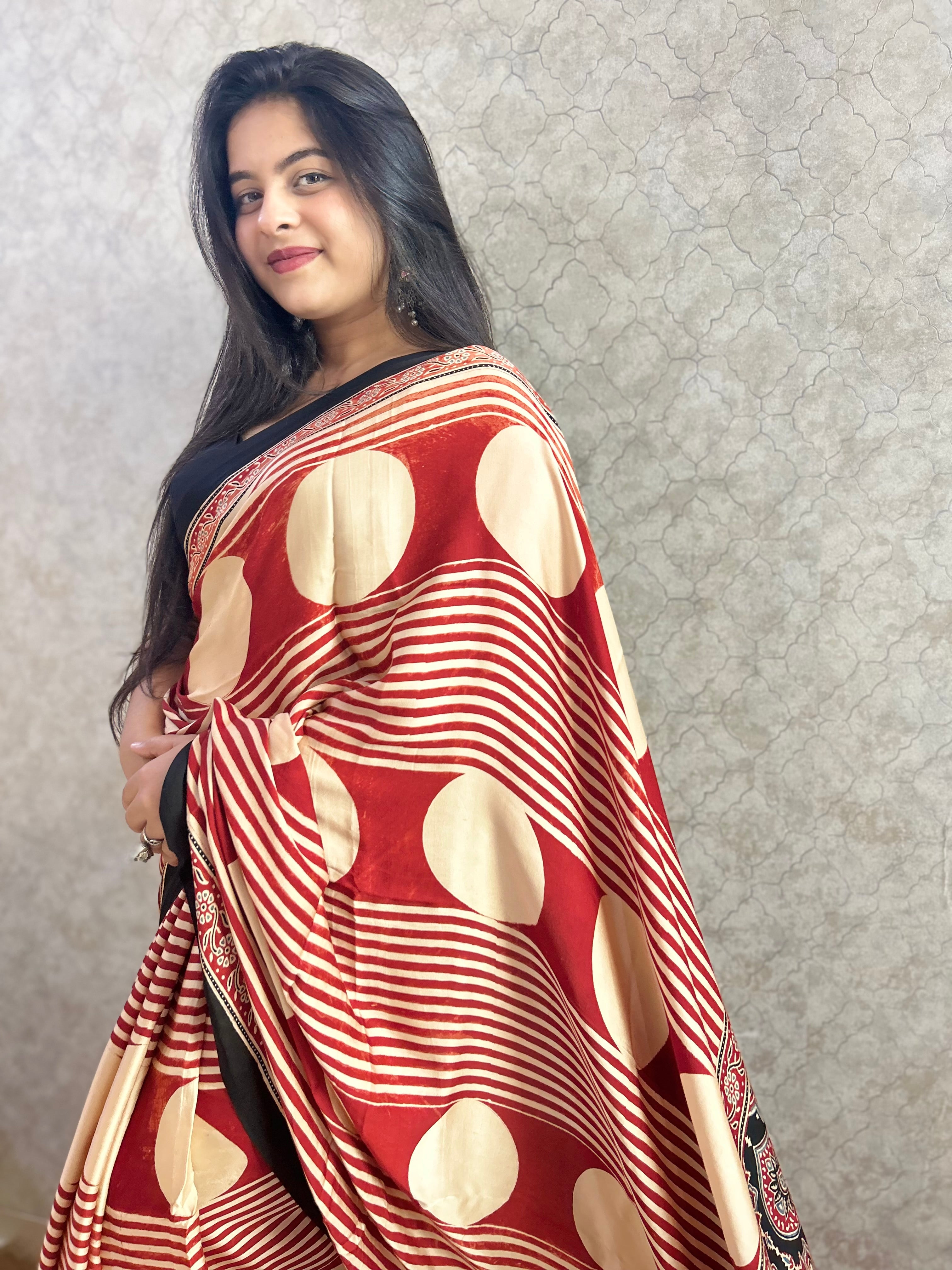 Red stripes Ajrakh Hand Block Printed Modal Silk Saree