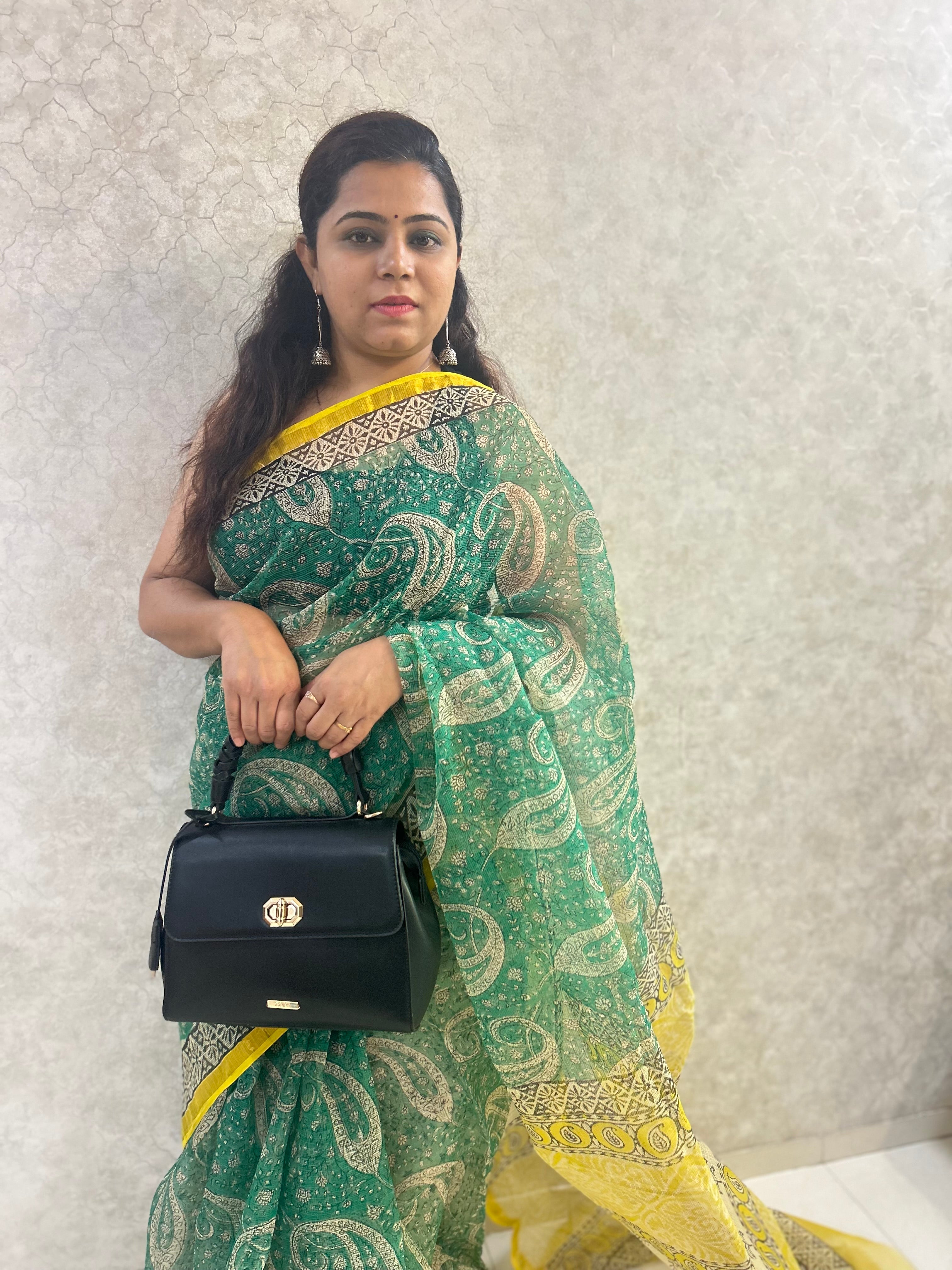 Green Bagru Print Kota Doria Saree