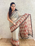 Beige Bagru & Stripes Print Kota Doria Saree