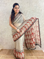 Beige Bagru & Stripes Print Kota Doria Saree