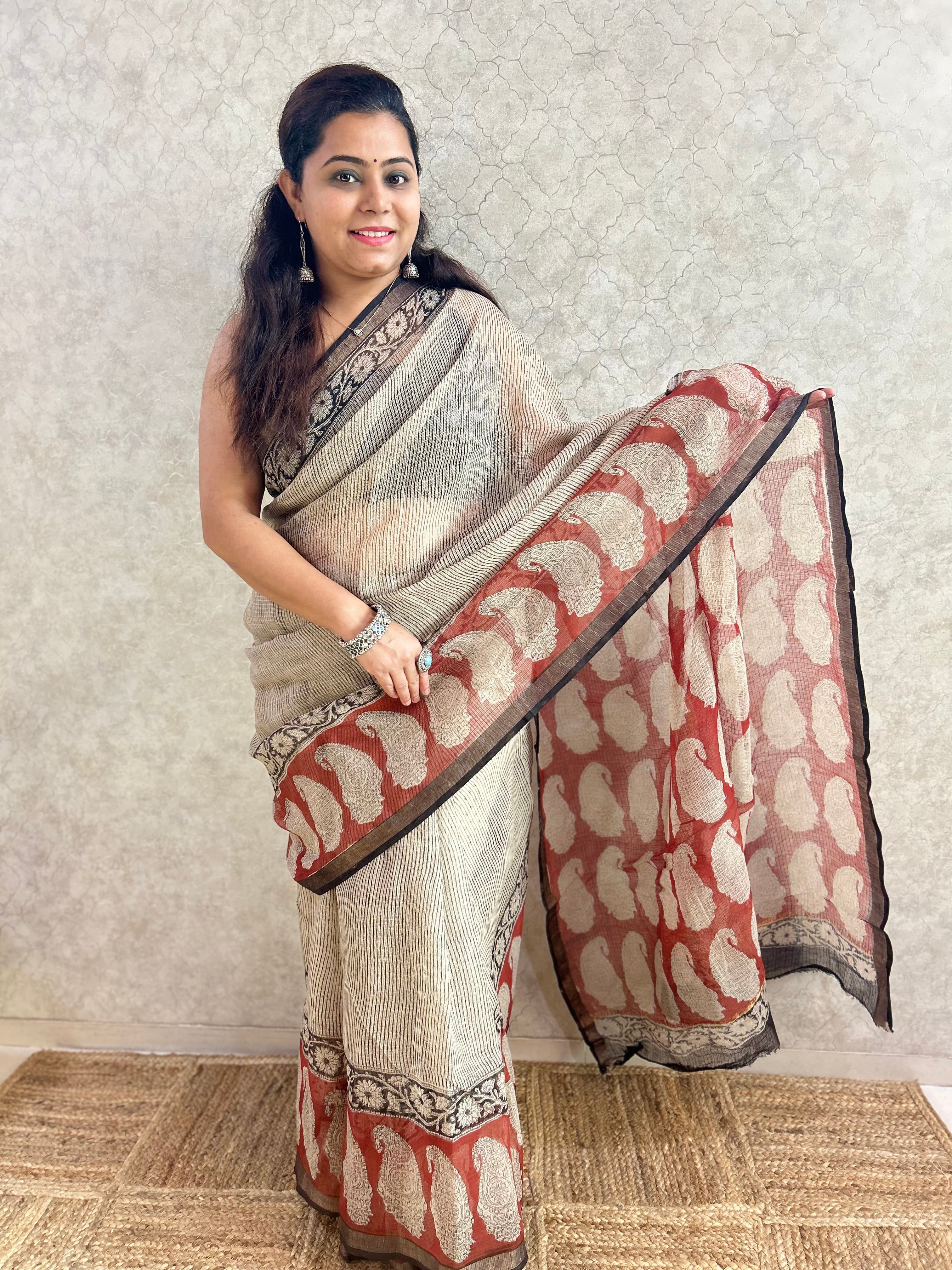 Beige Bagru & Stripes Print Kota Doria Saree