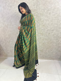 Green leafy Ajrakh Hand Block Printed Modal Silk Saree