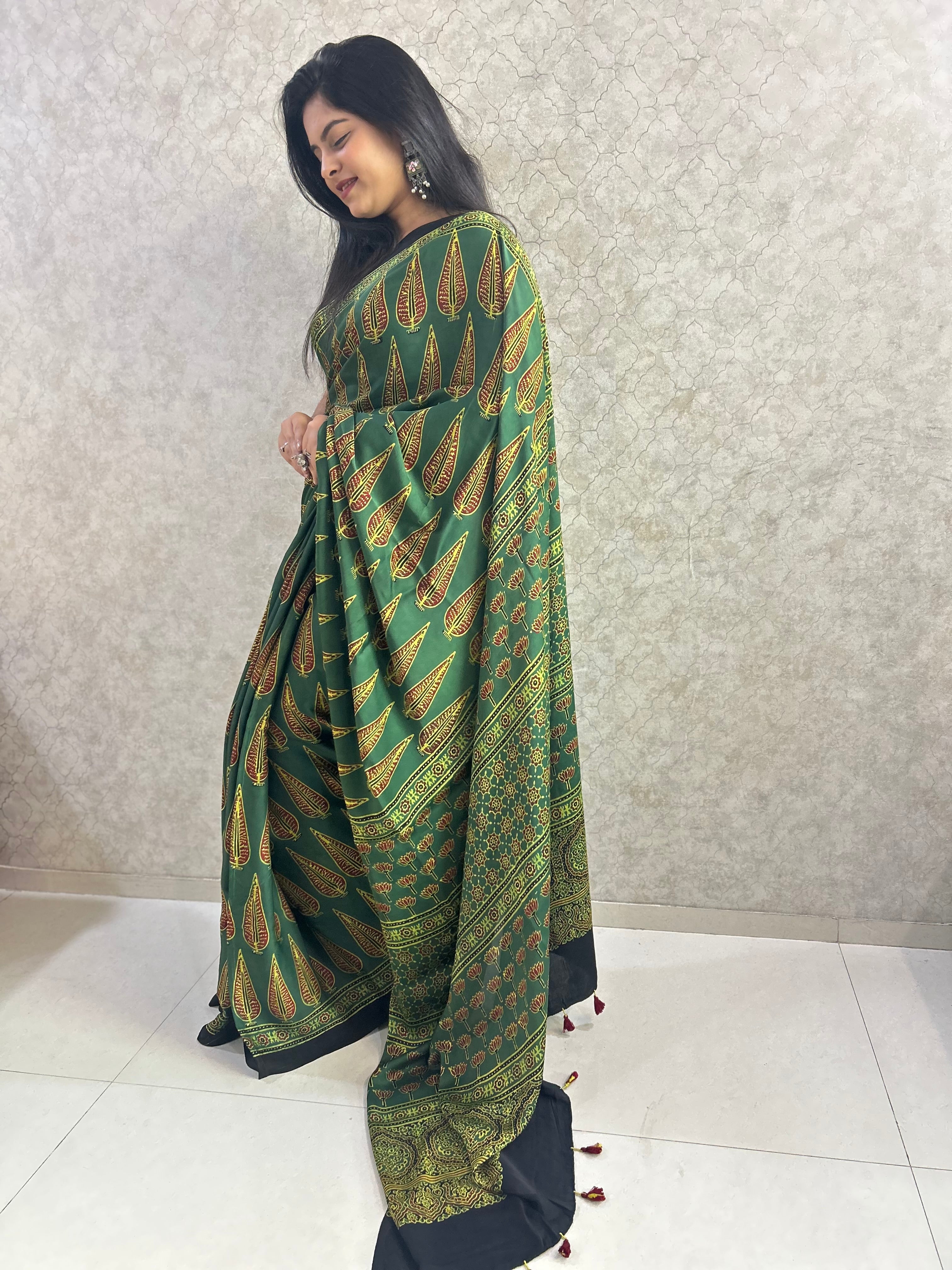 Green leafy Ajrakh Hand Block Printed Modal Silk Saree