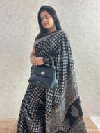 Black Lotus Ajrakh Hand Block Printed Modal Silk Saree