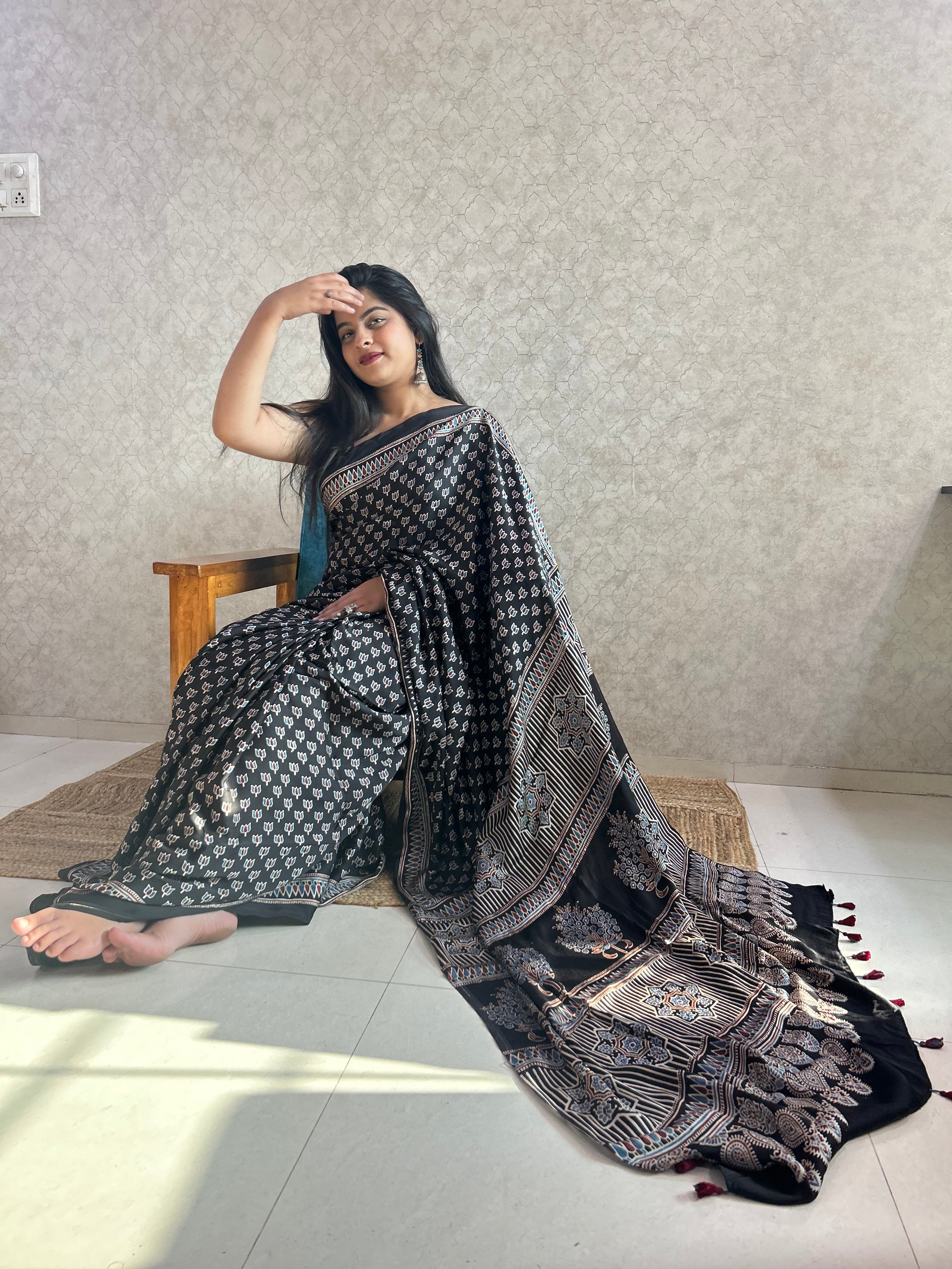 Black Lotus Ajrakh Hand Block Printed Modal Silk Saree