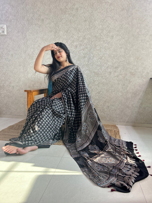 Black Lotus Ajrakh Hand Block Printed Modal Silk Saree
