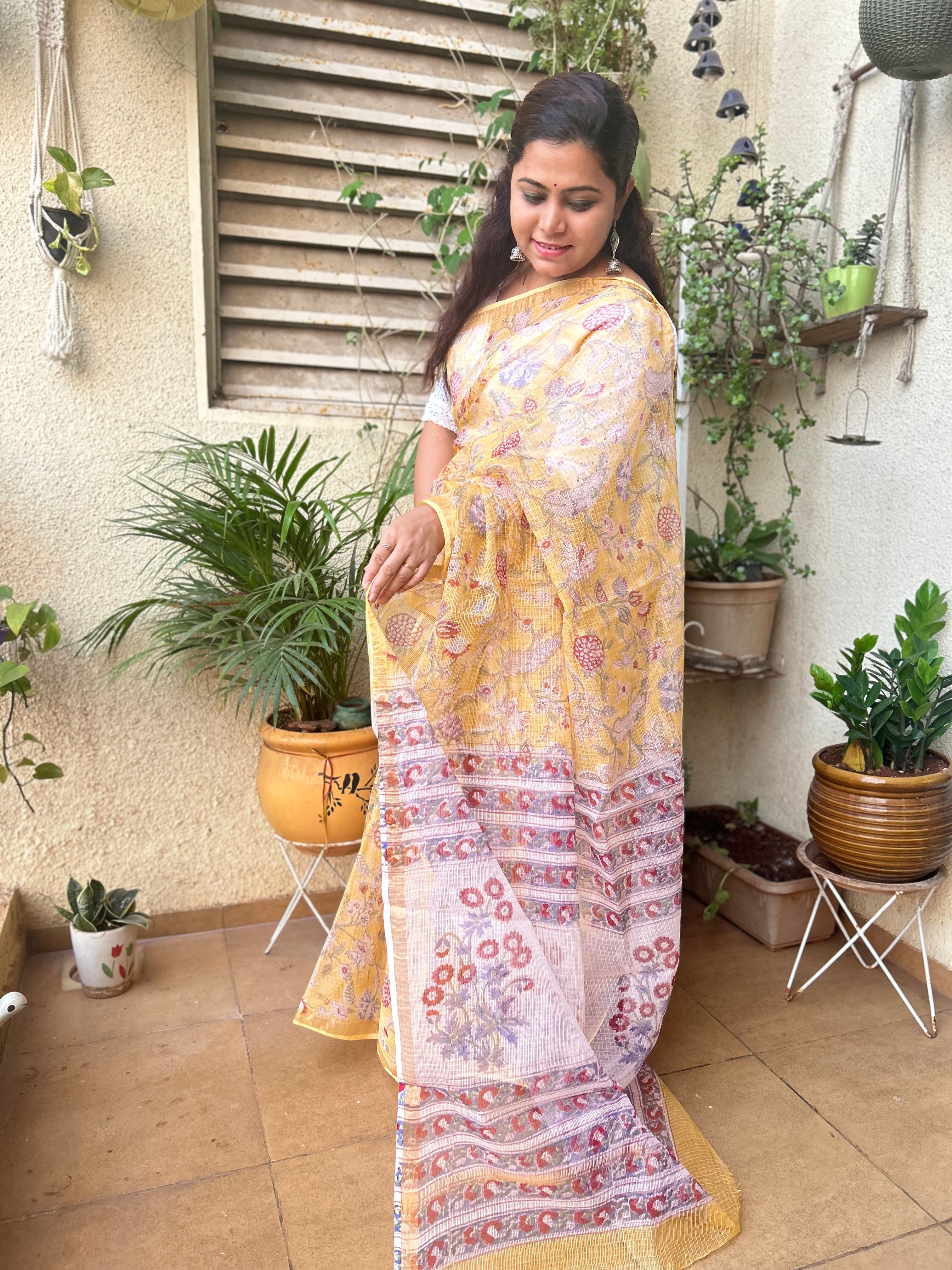 Yellow Sanganeri Print Kota Doria Saree