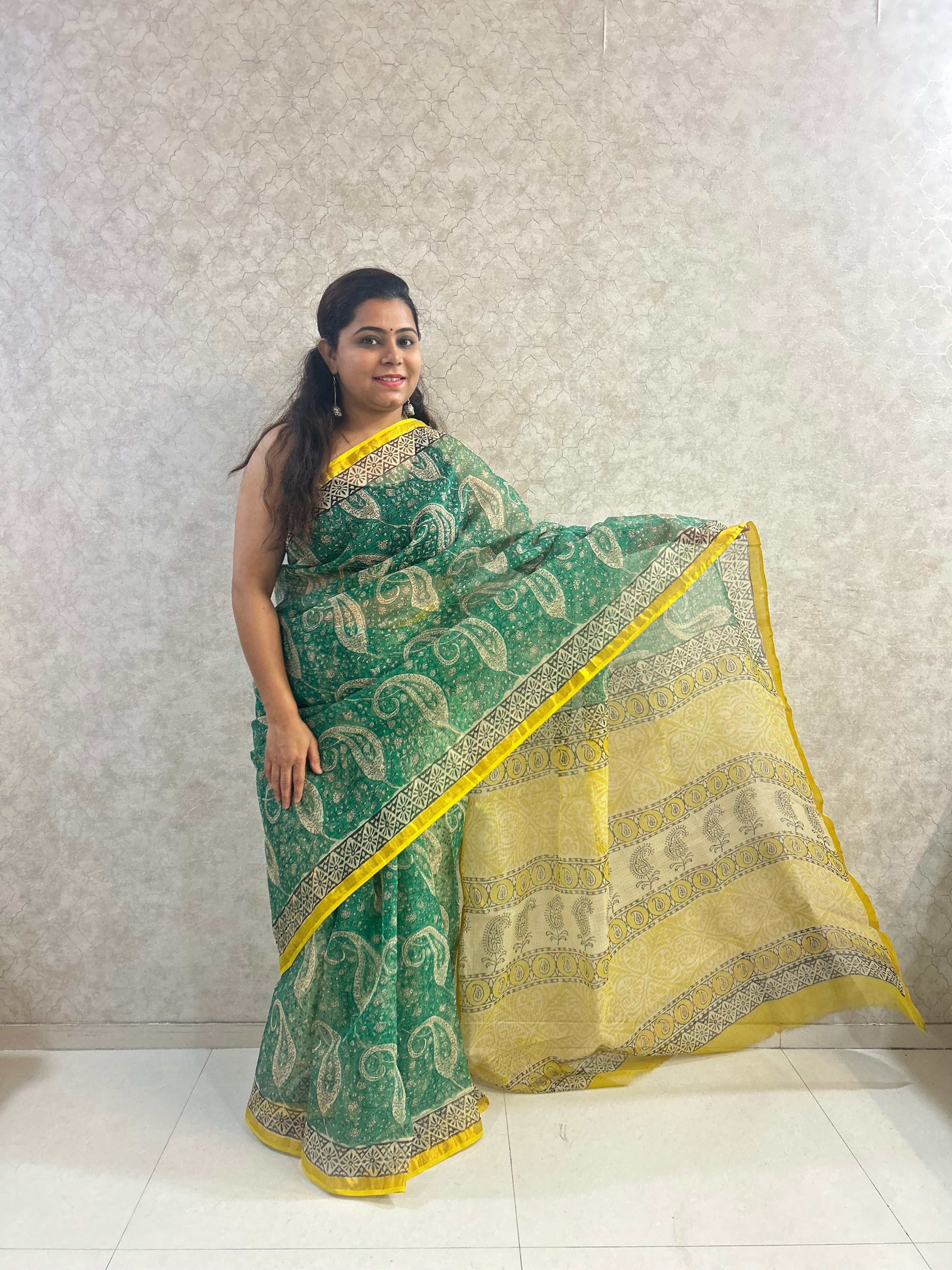 Green Bagru Print Kota Doria Saree