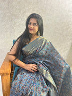 Indigo Blue Ajrakh Hand Block Printed Pure Dola Silk Saree