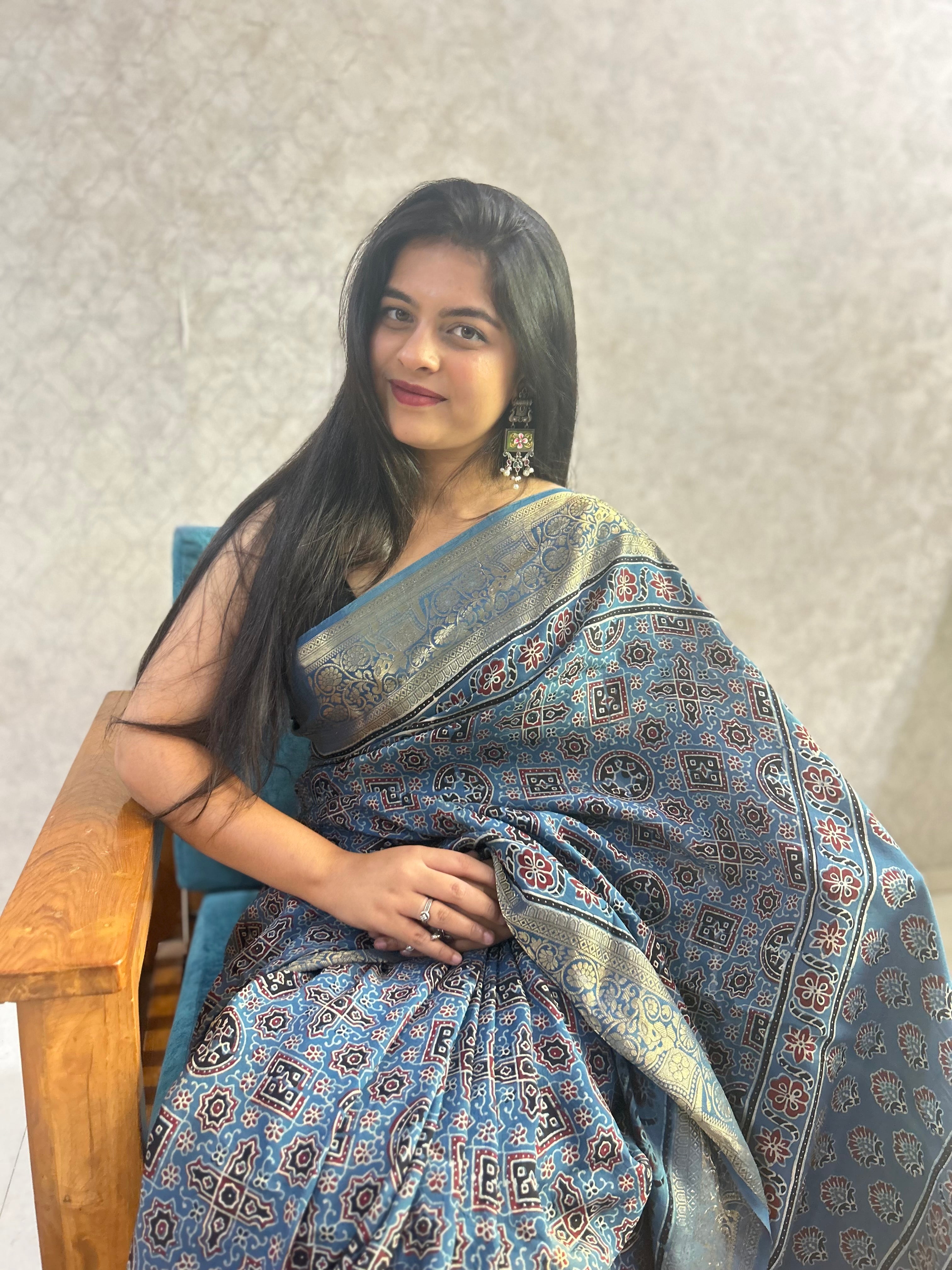 Indigo Blue Ajrakh Hand Block Printed Pure Dola Silk Saree