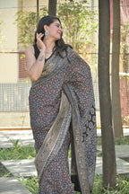 Black Ajrakh Hand Block Printed Pure Dola Silk Saree