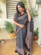 Black Floral Ajrakh Hand block Printed Modal Silk Saree