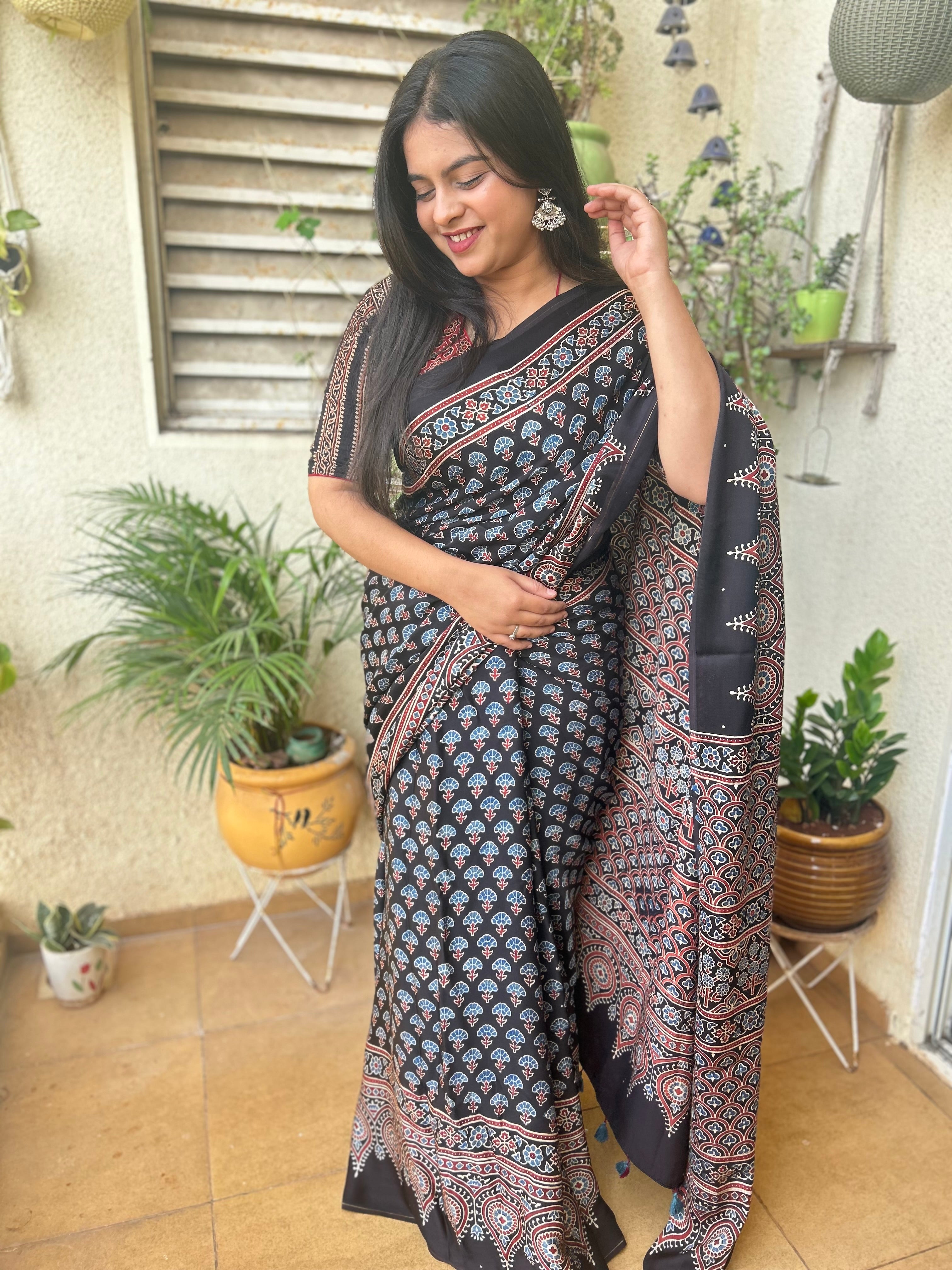 Black Floral Ajrakh Hand block Printed Modal Silk Saree