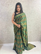 Green leafy Ajrakh Hand Block Printed Modal Silk Saree