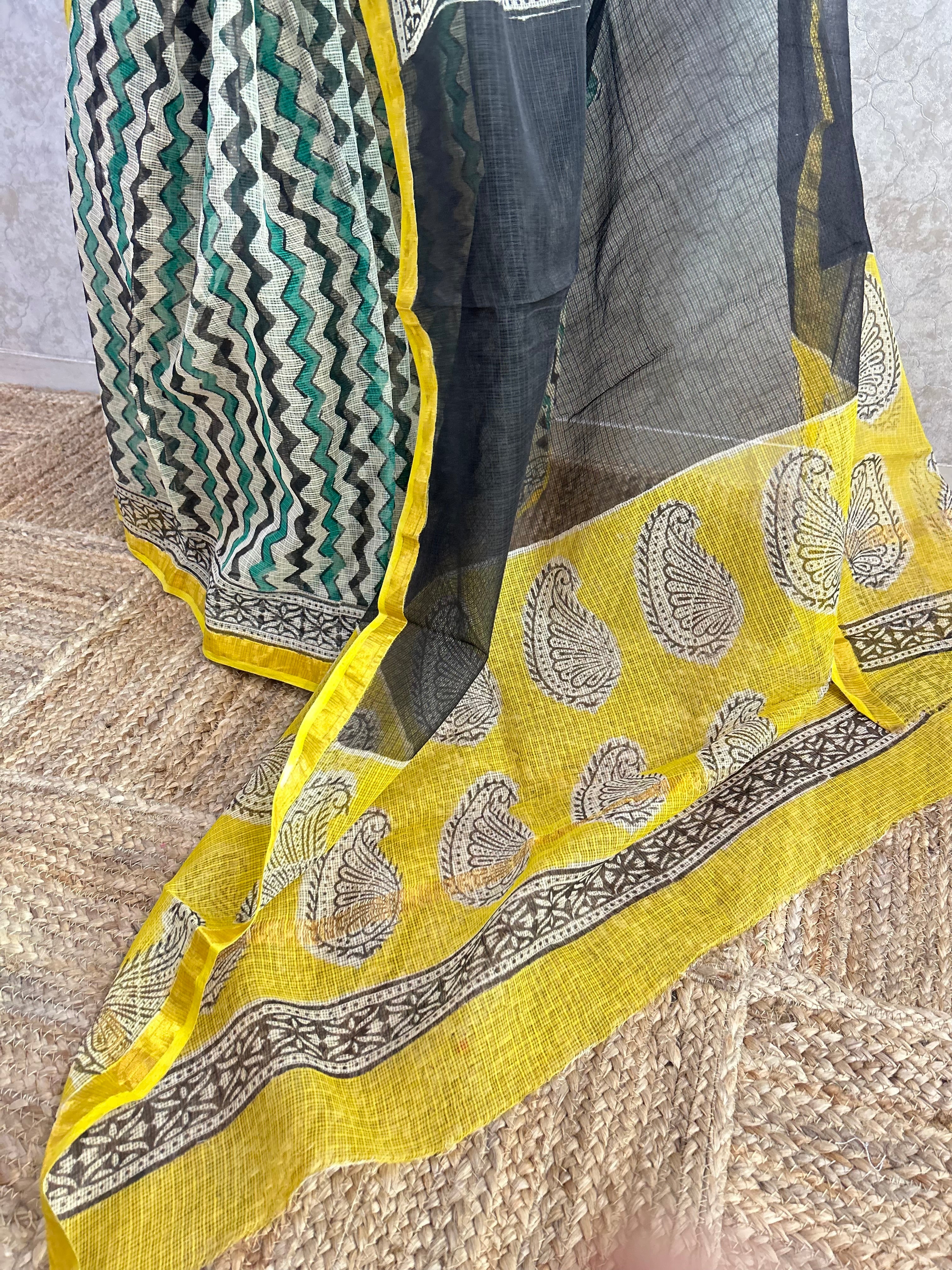 Green-Black Stripes Print Kota Doria Saree
