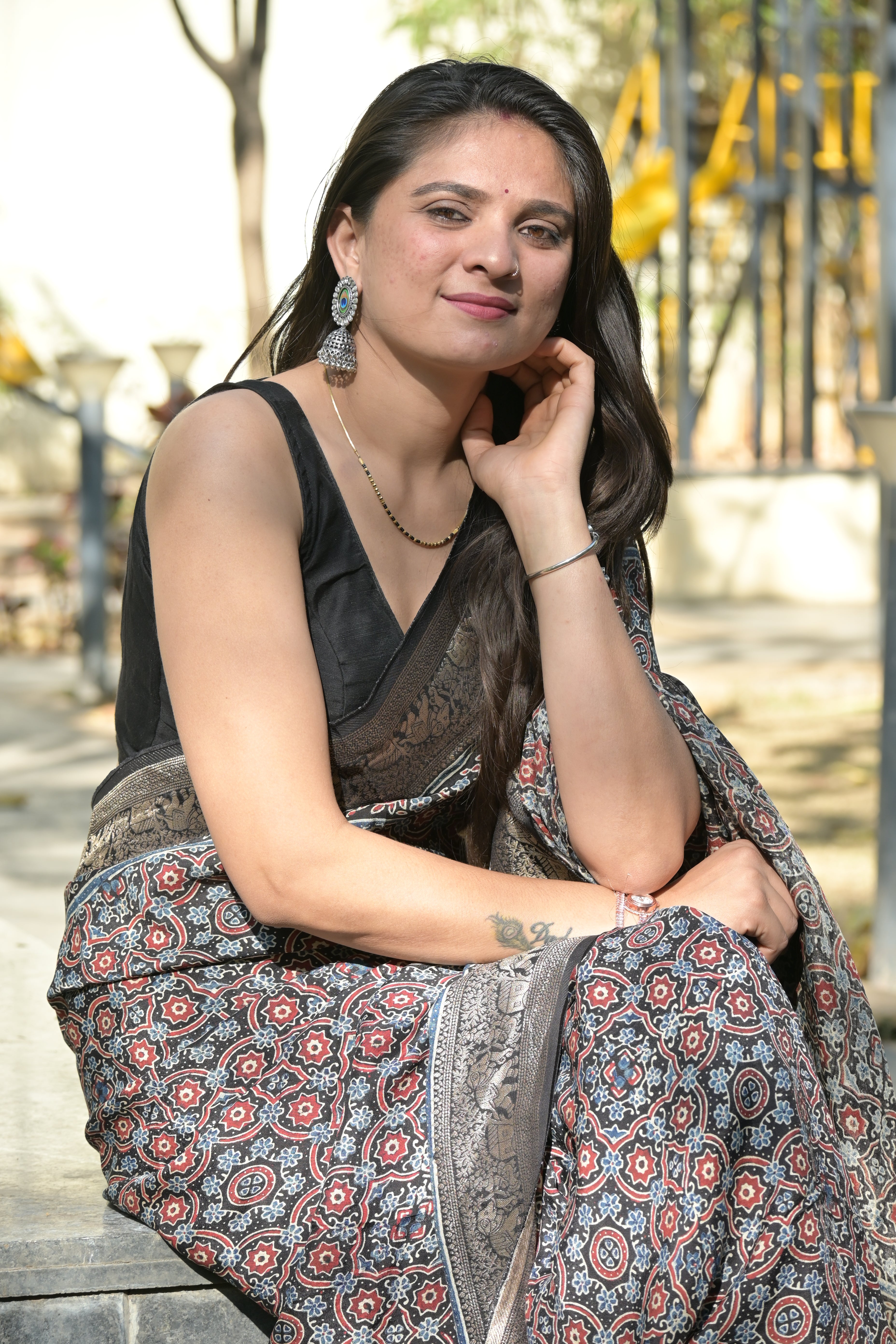 Black Ajrakh Hand Block Printed Pure Dola Silk Saree